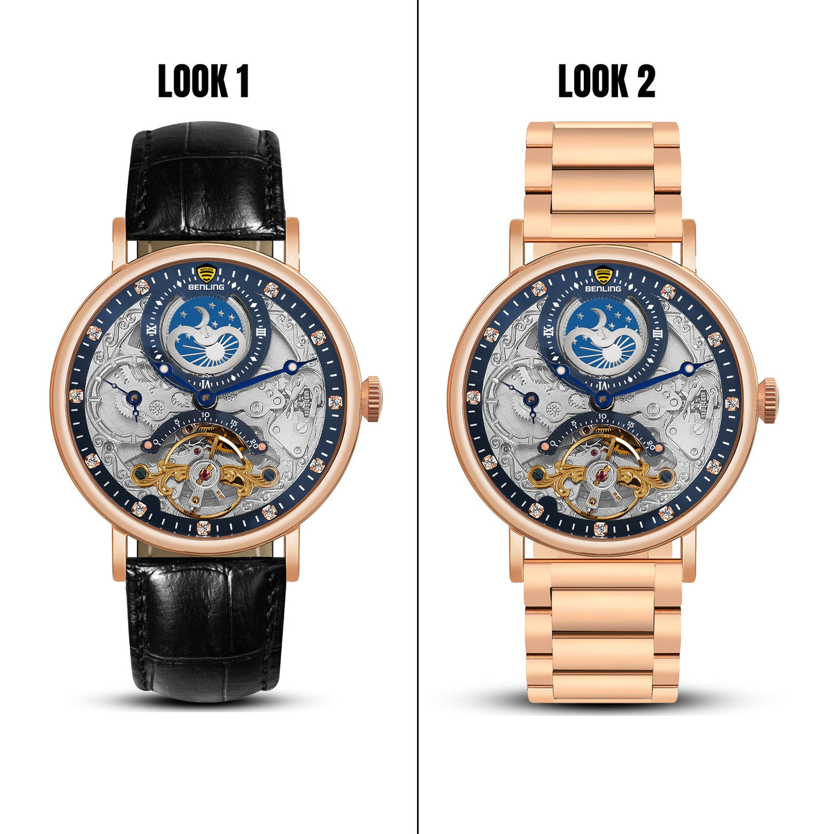Benling Astroworld Tourbillon Automatic Watch for Men – Dual Time | Moonphase | Skeleton Dial | With Leather Strap & Stainless Steel Chain Benling