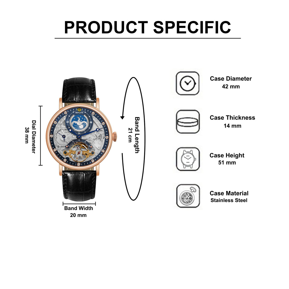 Benling Astroworld Tourbillon Automatic Watch for Men – Dual Time | Moonphase | Skeleton Dial | With Leather Strap & Stainless Steel Chain Benling