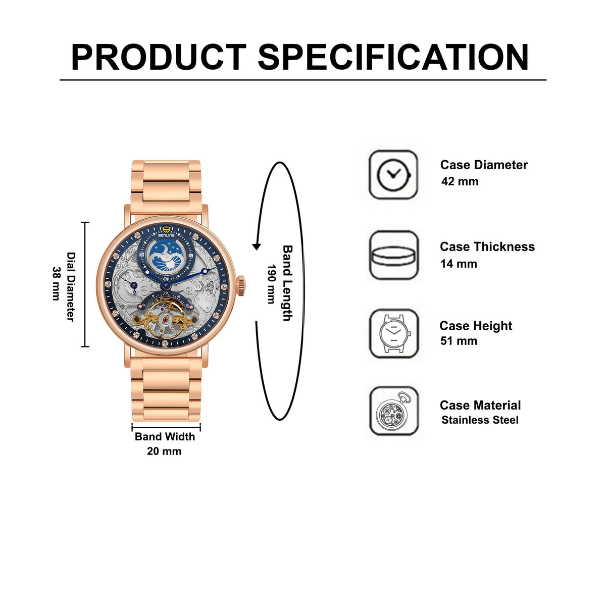 Benling Astroworld Tourbillon Automatic Watch for Men – Dual Time | Moonphase | Skeleton Dial | Stainless Steel Chain Benling