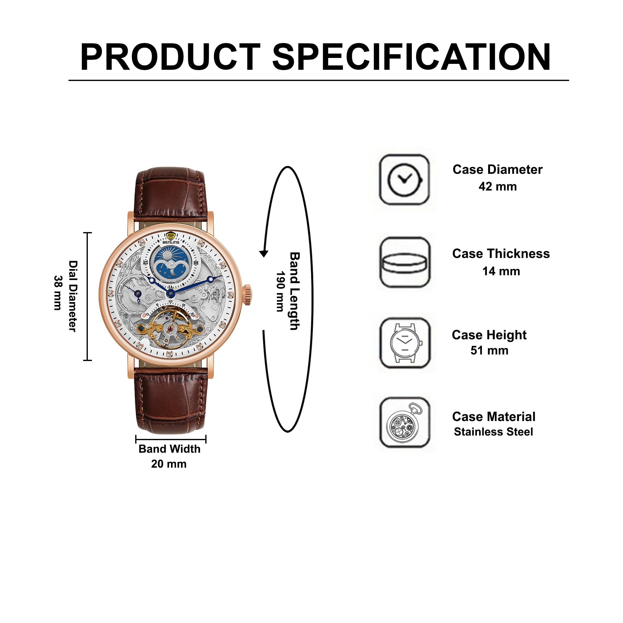 Benling Astroworld Tourbillon Automatic Watch for Men – Dual Time | Moonphase | Skeleton Dial | Premium Leather Strap