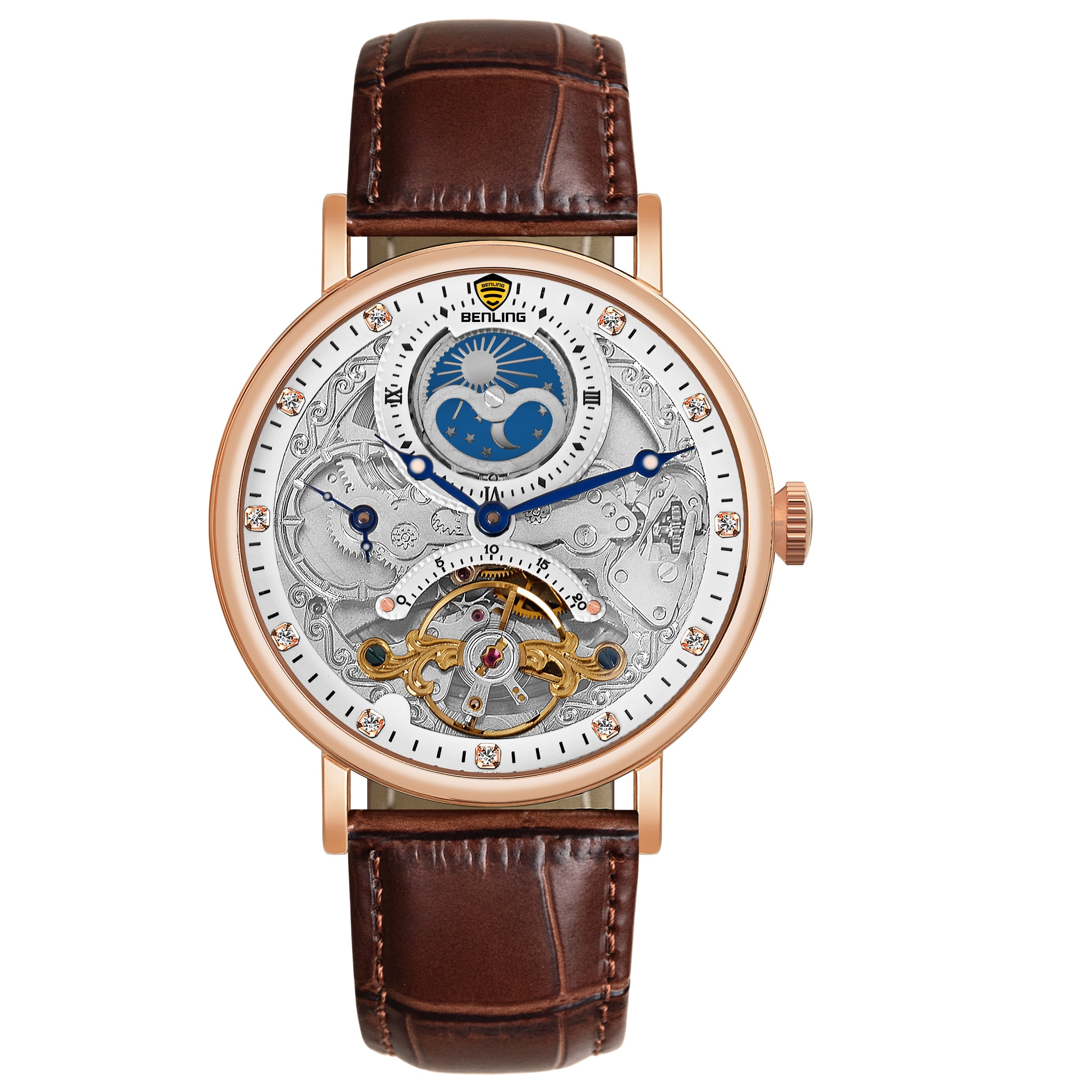 Benling Astroworld Tourbillon Automatic Watch for Men – Dual Time | Moonphase | Skeleton Dial | Premium Leather Strap