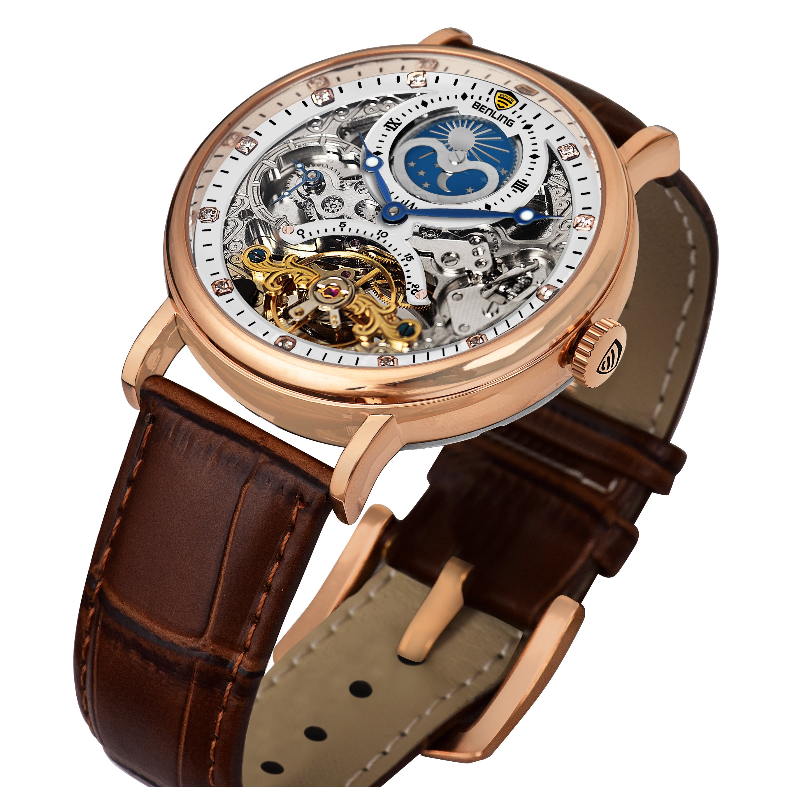 Benling Astroworld Tourbillon Automatic Watch for Men – Dual Time | Moonphase | Skeleton Dial | Premium Leather Strap
