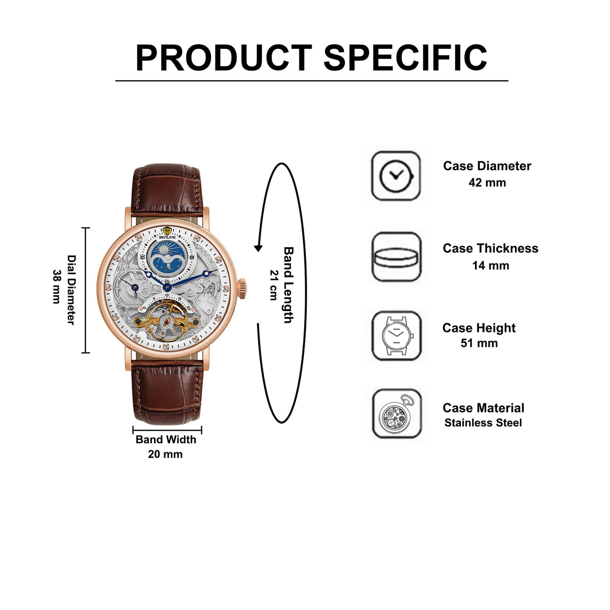 Benling Astroworld Tourbillon Automatic Watch for Men – Dual Time | Moonphase | Skeleton Dial | With Leather Strap & Stainless Steel Chain Benling