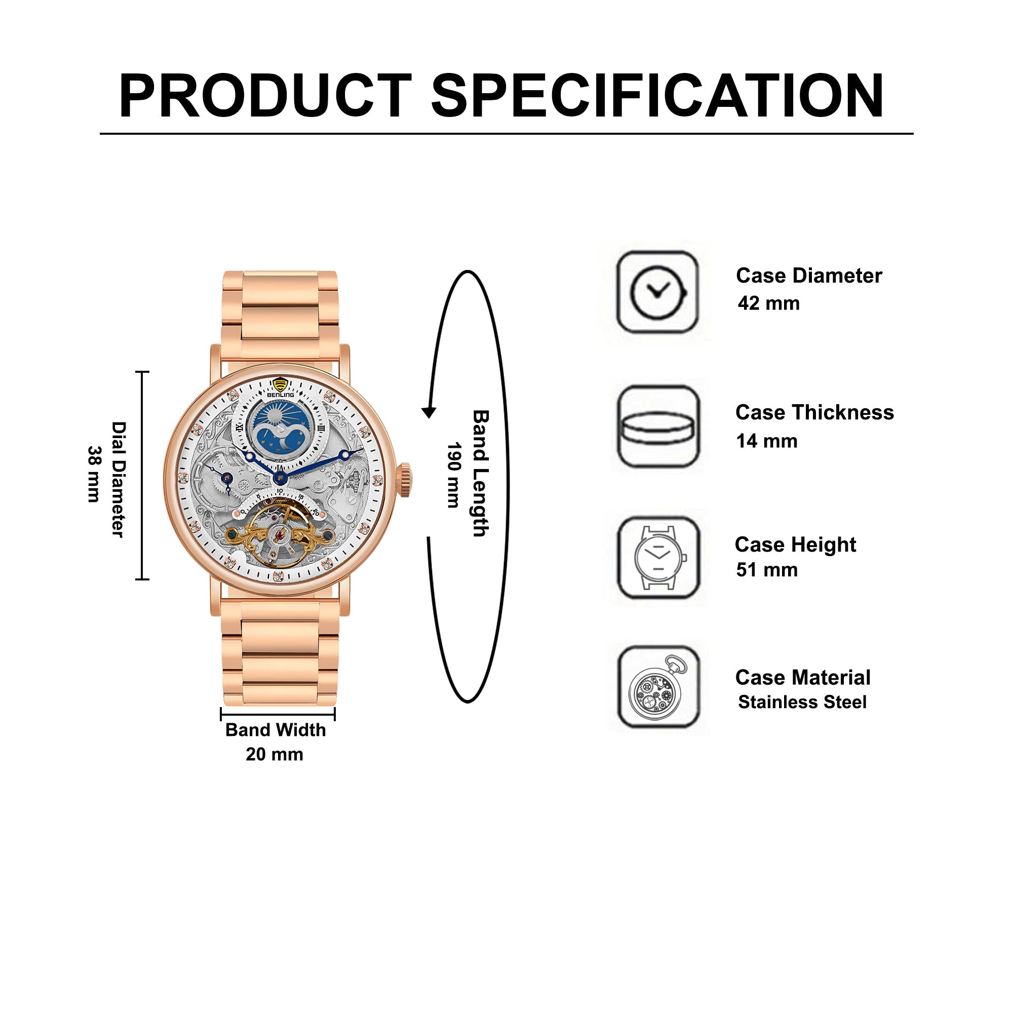 Benling Astroworld Tourbillon Automatic Watch for Men – Dual Time | Moonphase | Skeleton Dial | Stainless Steel Chain