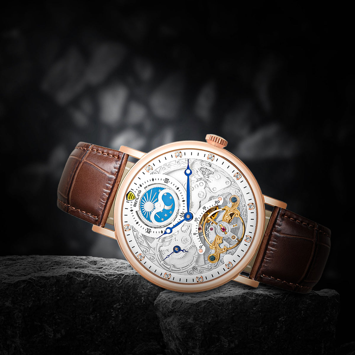 Benling Astroworld Tourbillon Automatic Watch for Men – Dual Time | Moonphase | Skeleton Dial | With Leather Strap & Stainless Steel Chain Benling