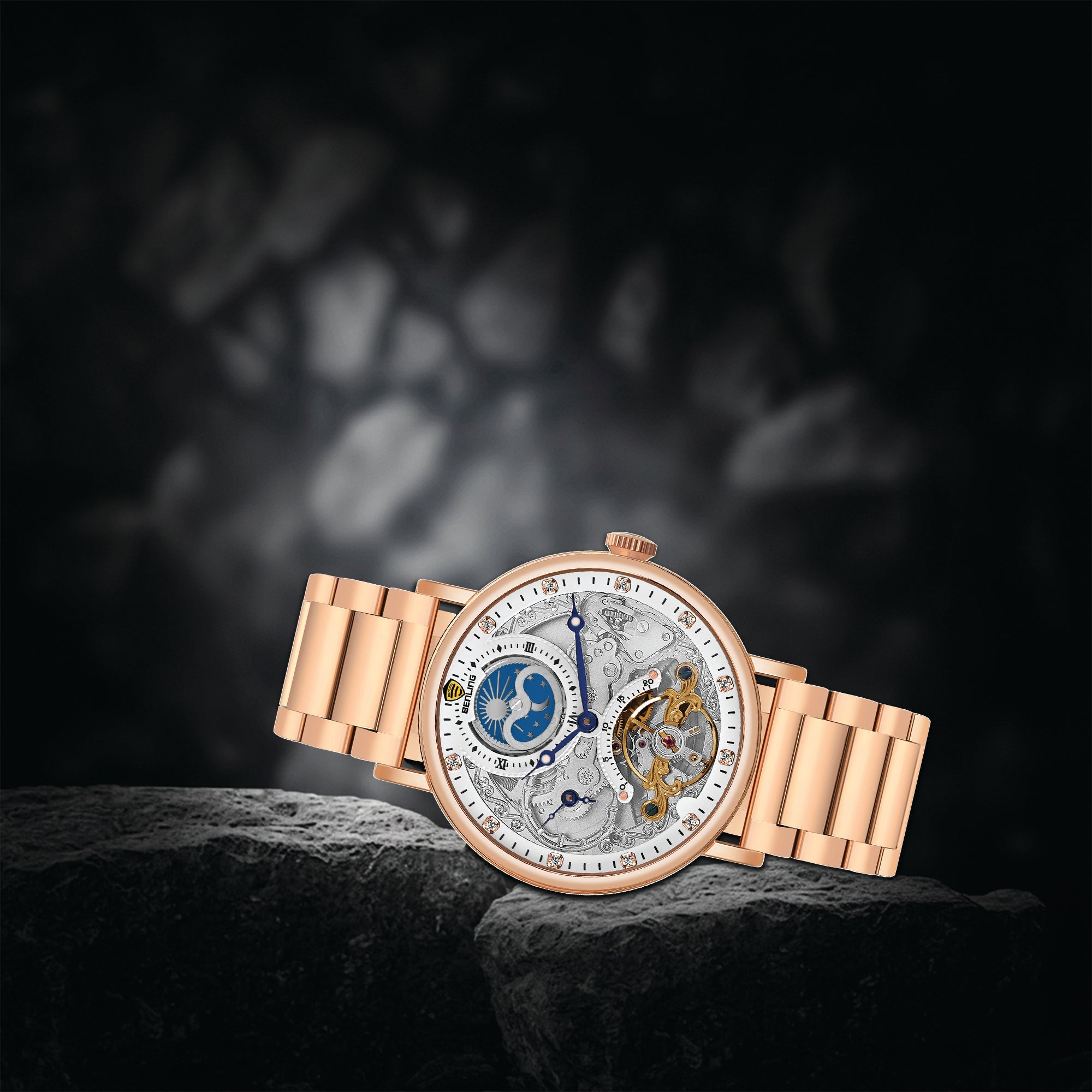 Benling Astroworld Tourbillon Automatic Watch for Men – Dual Time | Moonphase | Skeleton Dial | Stainless Steel Chain