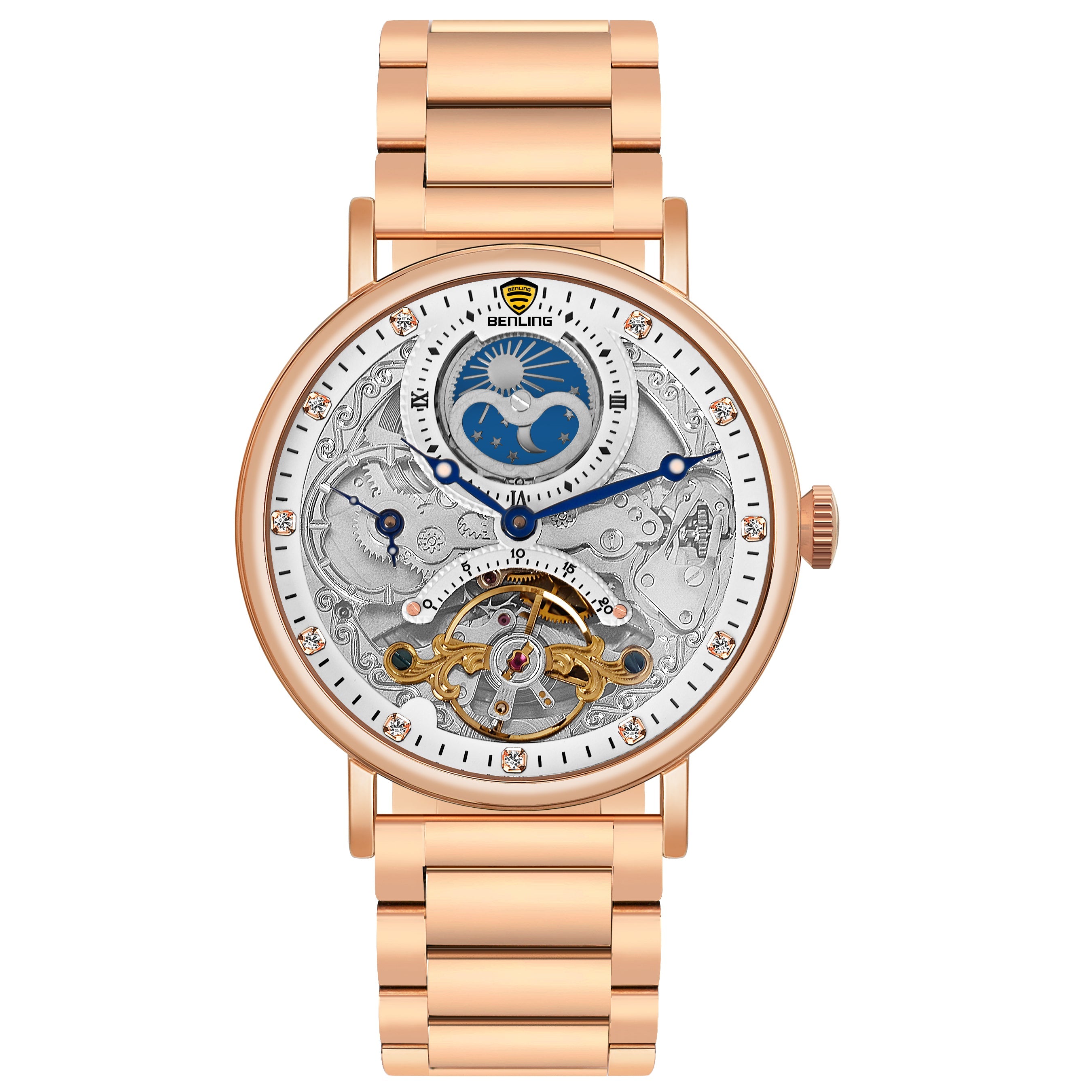 Benling Astroworld Tourbillon Automatic Watch for Men – Dual Time | Moonphase | Skeleton Dial | Stainless Steel Chain