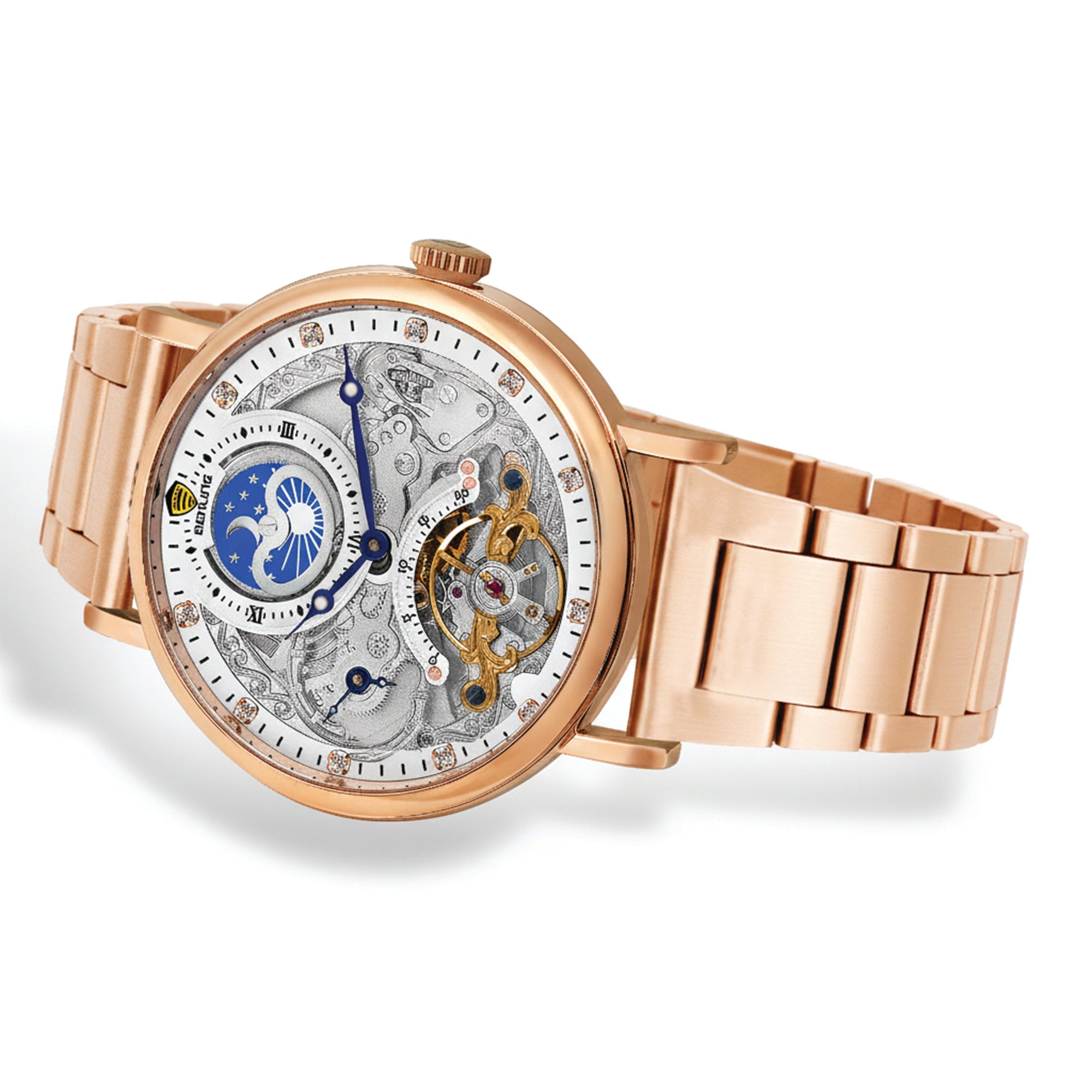 Benling Astroworld Tourbillon Automatic Watch for Men – Dual Time | Moonphase | Skeleton Dial | Stainless Steel Chain