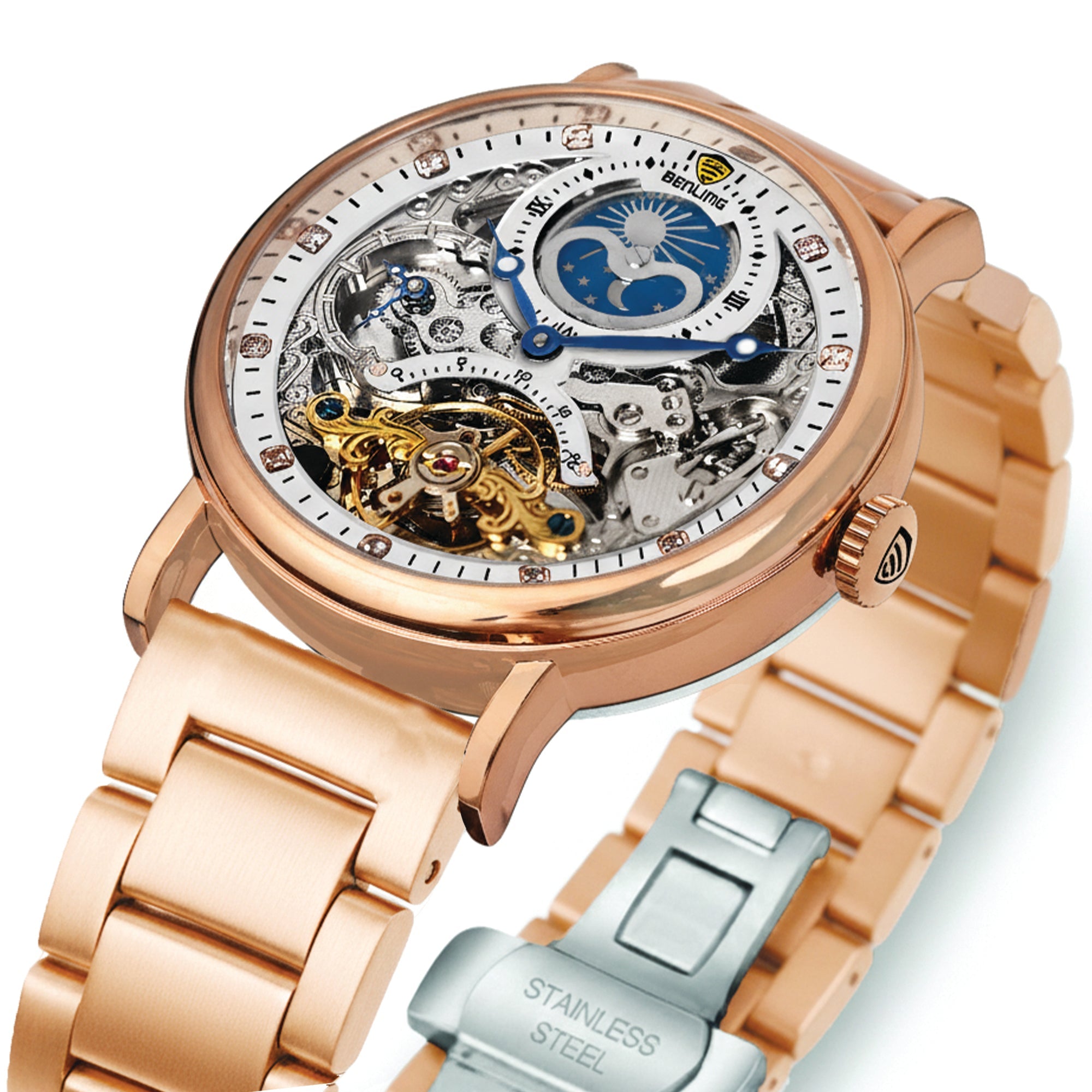 Benling Astroworld Tourbillon Automatic Watch for Men – Dual Time | Moonphase | Skeleton Dial | Stainless Steel Chain
