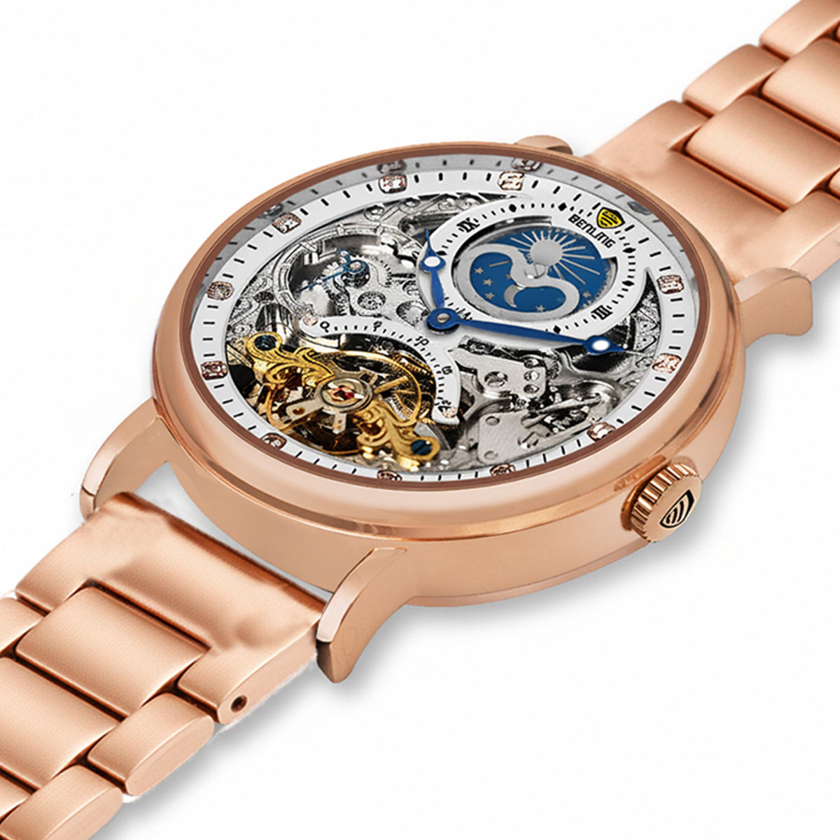 Benling Astroworld Tourbillon Automatic Watch for Men – Dual Time | Moonphase | Skeleton Dial | Stainless Steel Chain Benling
