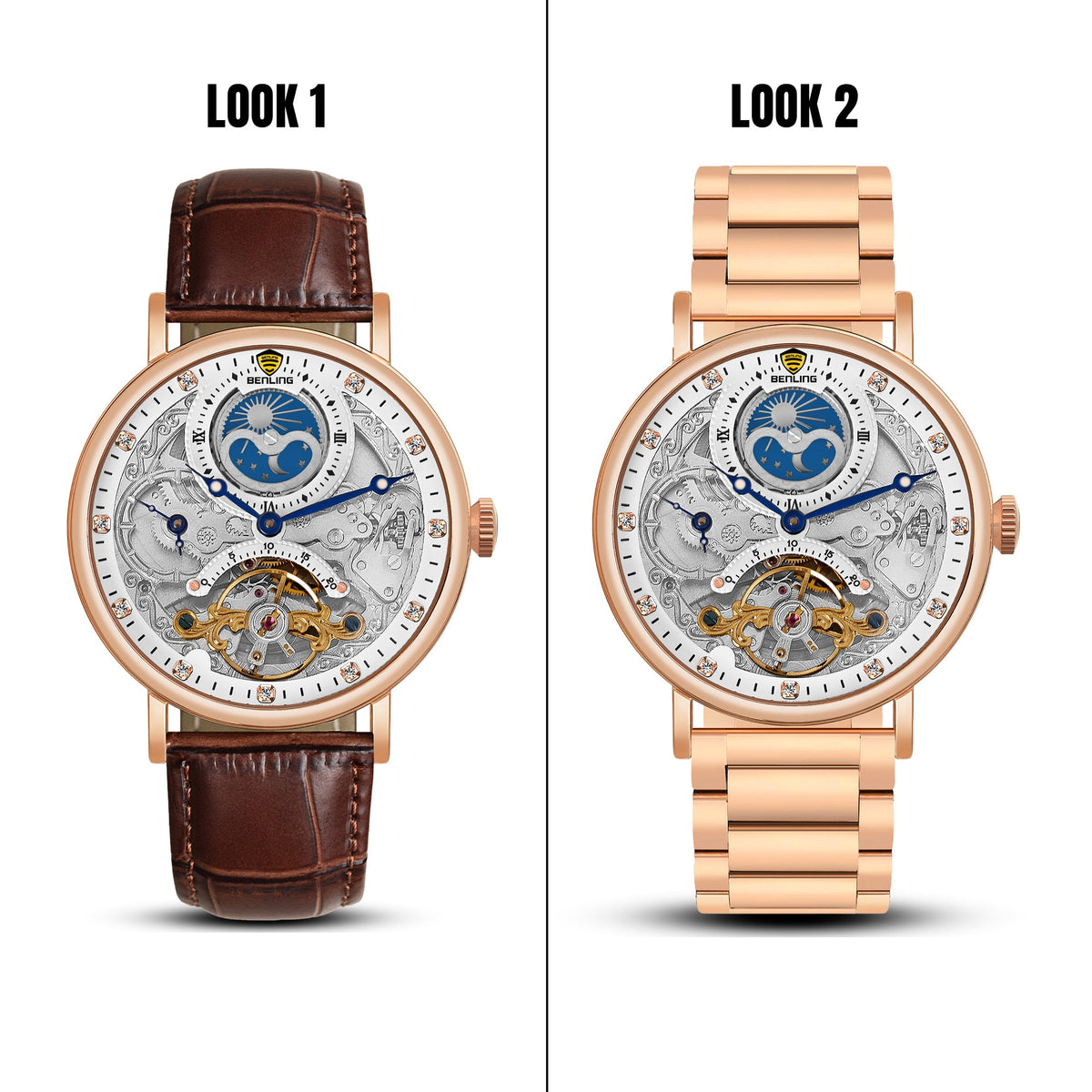 Benling Astroworld Tourbillon Automatic Watch for Men – Dual Time | Moonphase | Skeleton Dial | With Leather Strap & Stainless Steel Chain Benling