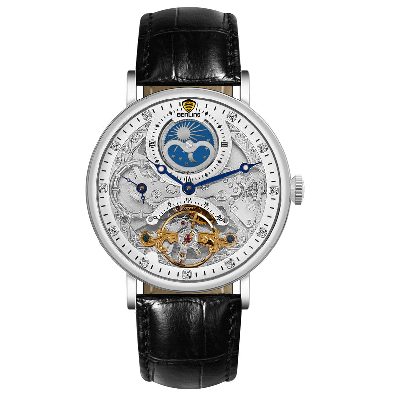 Benling Astroworld Tourbillon Automatic Watch for Men – Dual Time | Moonphase | Skeleton Dial | Premium Leather Strap