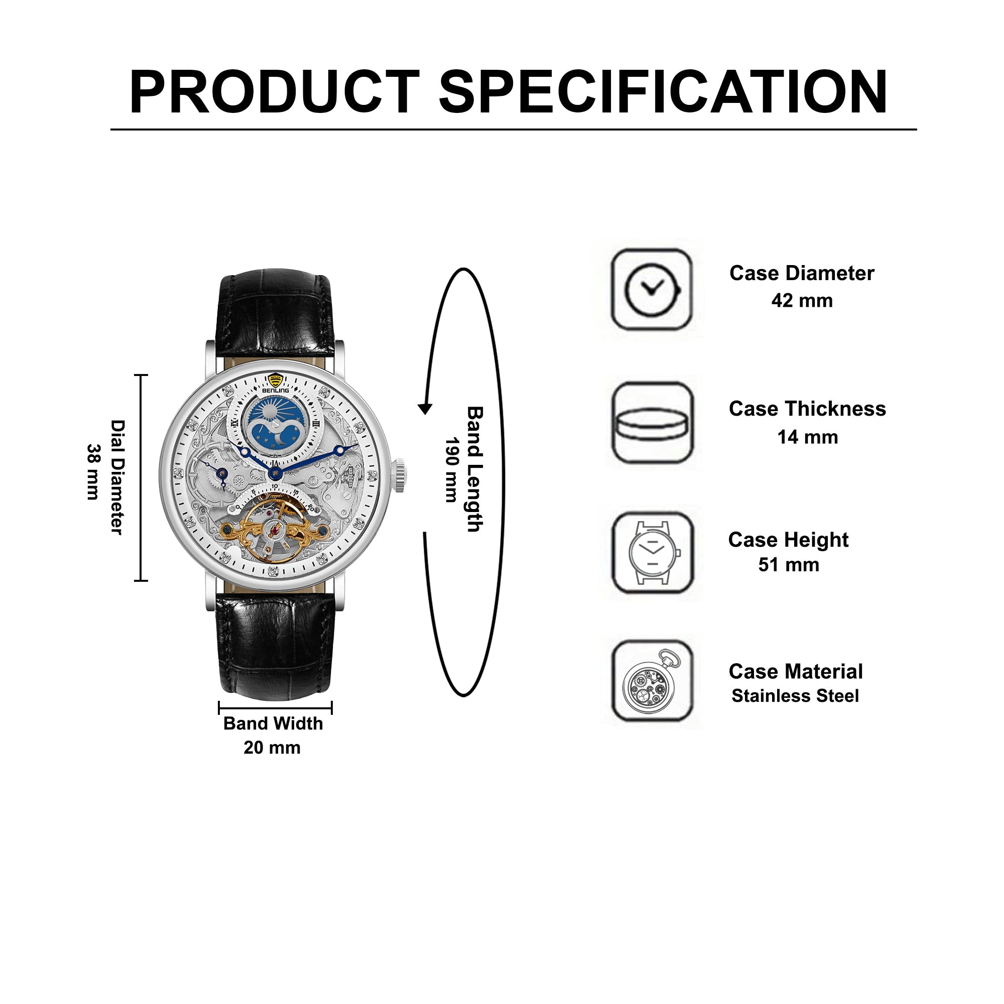 Benling Astroworld Tourbillon Automatic Watch for Men – Dual Time | Moonphase | Skeleton Dial | Premium Leather Strap