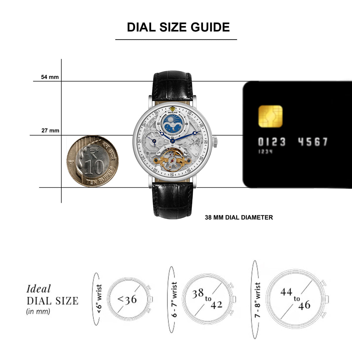 Benling Astroworld Tourbillon Automatic Watch for Men – Dual Time | Moonphase | Skeleton Dial | With Leather Strap & Stainless Steel Chain Benling