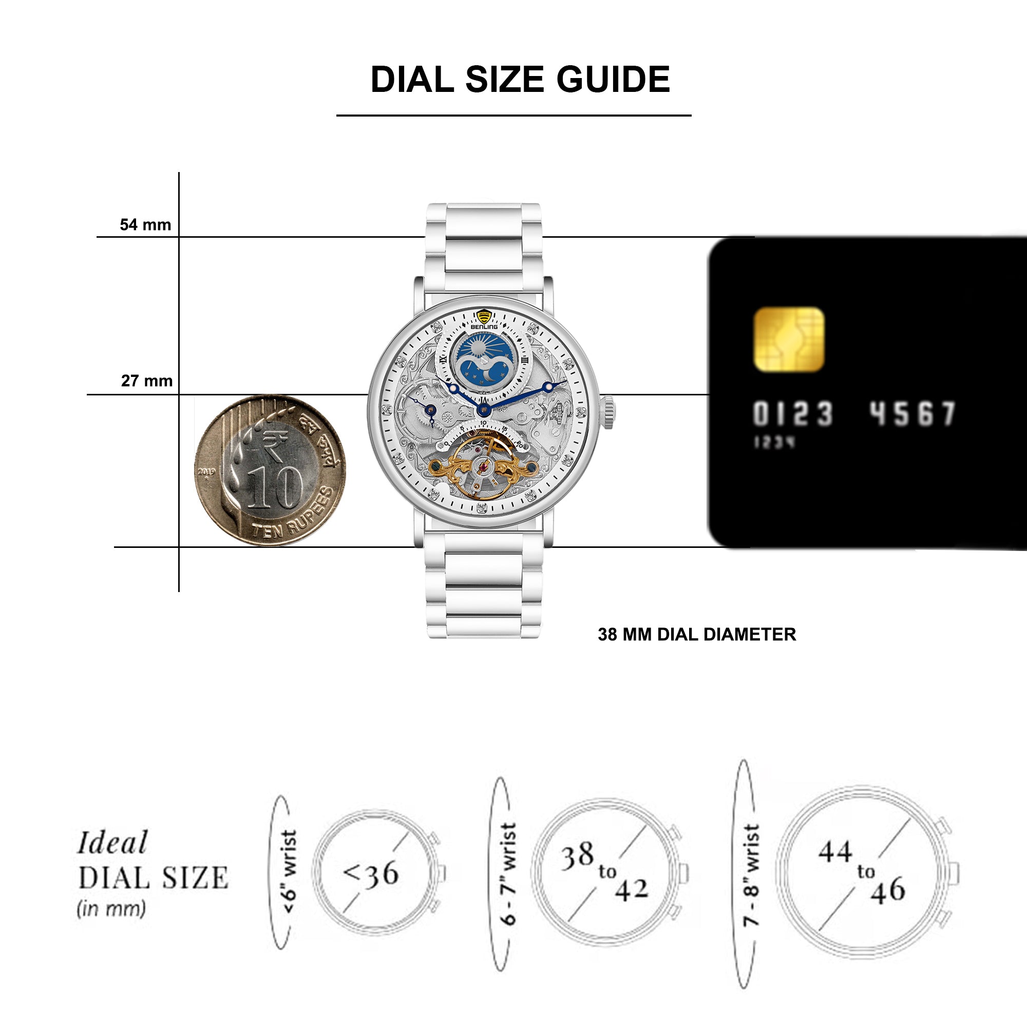 Benling Astroworld Tourbillon Automatic Watch for Men – Dual Time | Moonphase | Skeleton Dial | Stainless Steel Chain