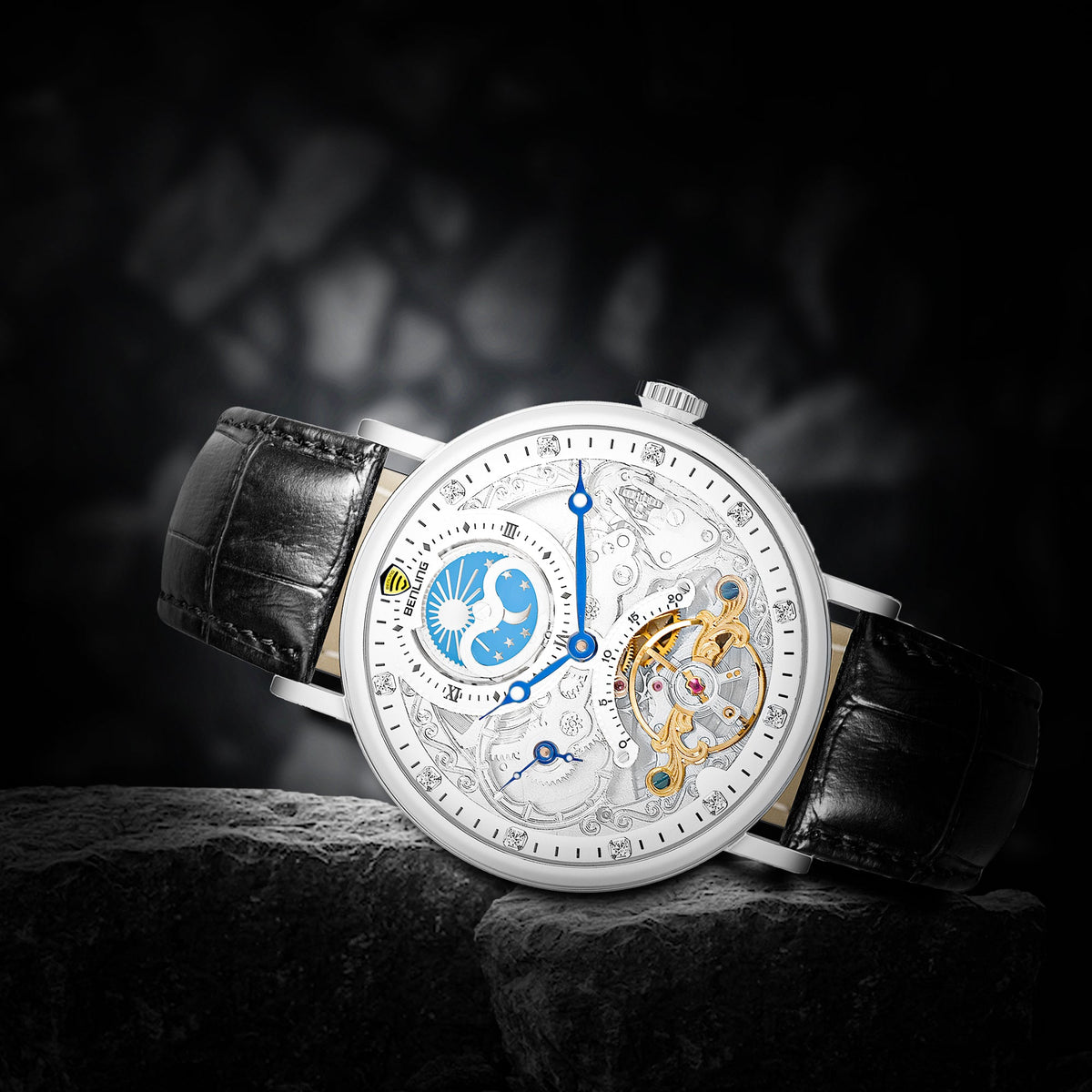 Benling Astroworld Tourbillon Automatic Watch for Men – Dual Time | Moonphase | Skeleton Dial | With Leather Strap & Stainless Steel Chain Benling