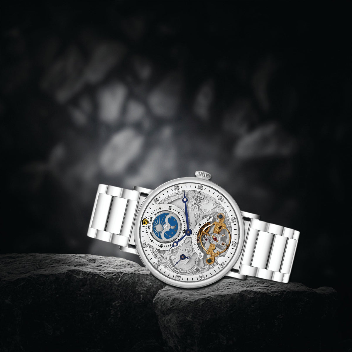 Benling Astroworld Tourbillon Automatic Watch for Men – Dual Time | Moonphase | Skeleton Dial | Stainless Steel Chain Benling