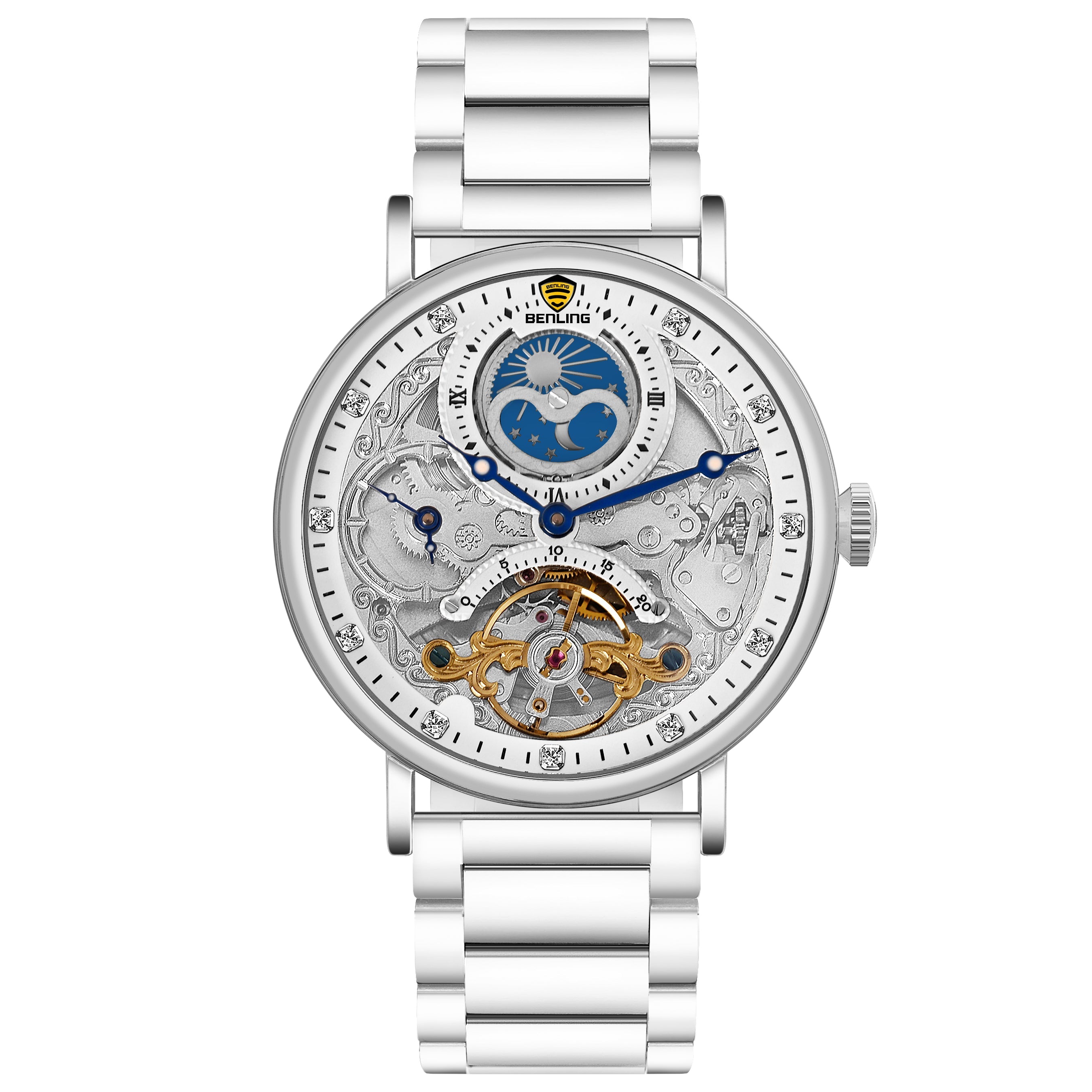 Benling Astroworld Tourbillon Automatic Watch for Men – Dual Time | Moonphase | Skeleton Dial | Stainless Steel Chain