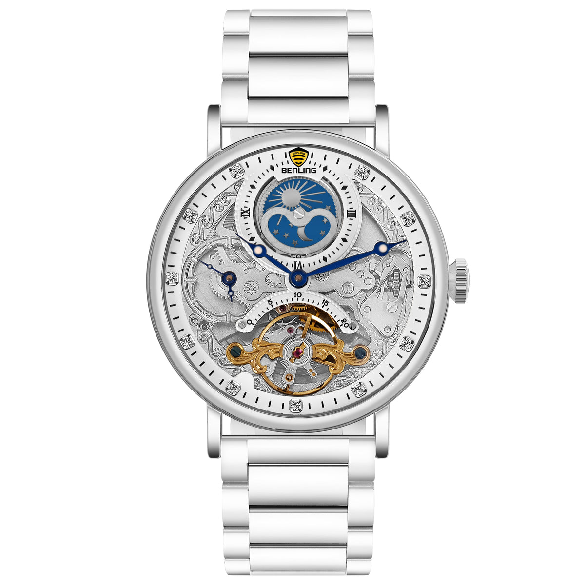 Benling Astroworld Tourbillon Automatic Watch for Men – Dual Time | Moonphase | Skeleton Dial | Stainless Steel Chain Benling