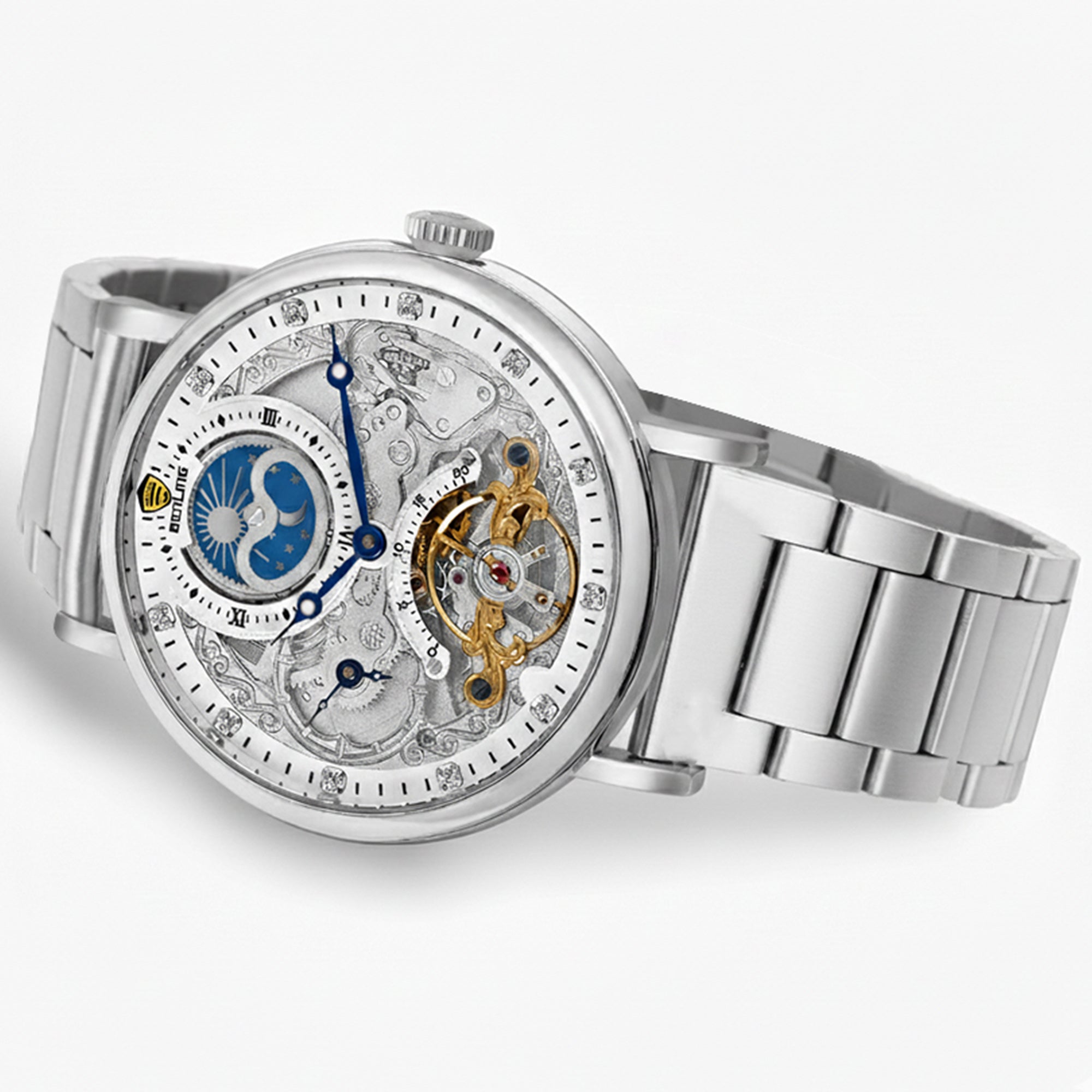 Benling Astroworld Tourbillon Automatic Watch for Men – Dual Time | Moonphase | Skeleton Dial | Stainless Steel Chain