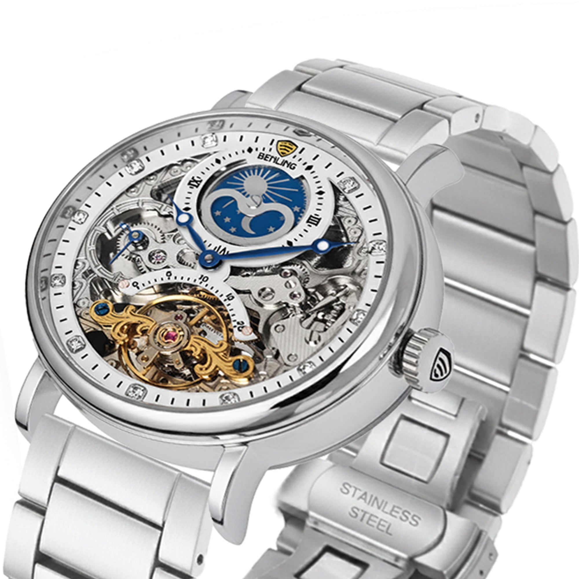 Benling Astroworld Tourbillon Automatic Watch for Men – Dual Time | Moonphase | Skeleton Dial | Stainless Steel Chain