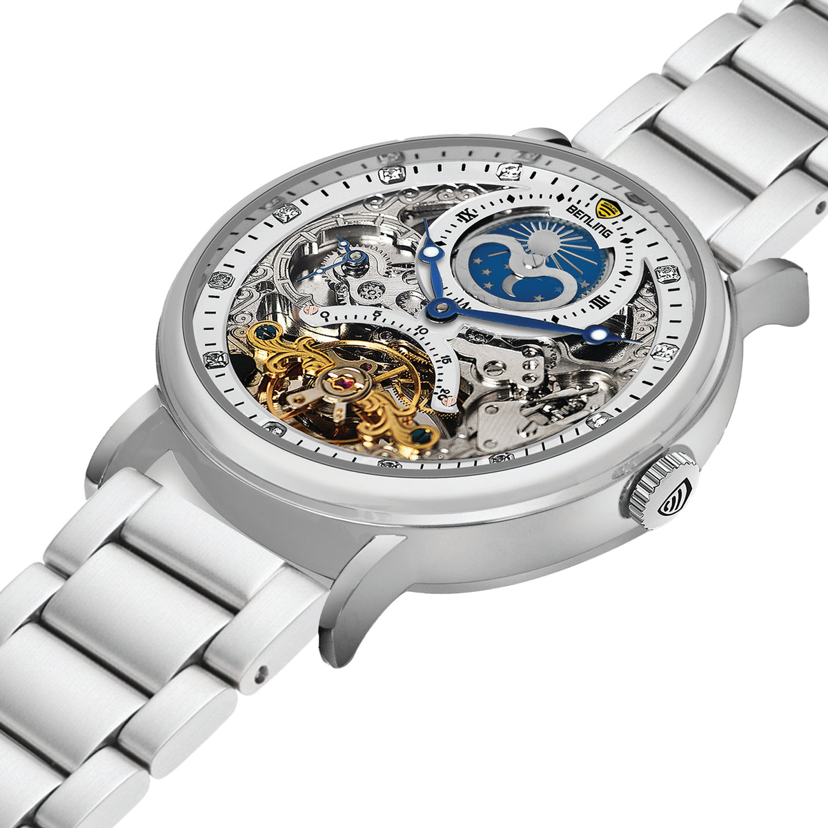 Benling Astroworld Tourbillon Automatic Watch for Men – Dual Time | Moonphase | Skeleton Dial | Stainless Steel Chain Benling