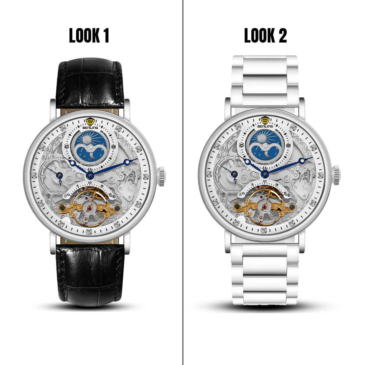 Benling Astroworld Tourbillon Automatic Watch for Men – Dual Time | Moonphase | Skeleton Dial | With Leather Strap & Stainless Steel Chain Benling