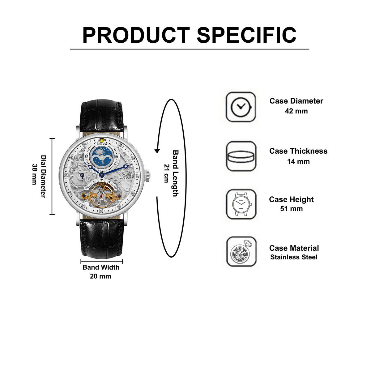 Benling Astroworld Tourbillon Automatic Watch for Men – Dual Time | Moonphase | Skeleton Dial | With Leather Strap & Stainless Steel Chain Benling