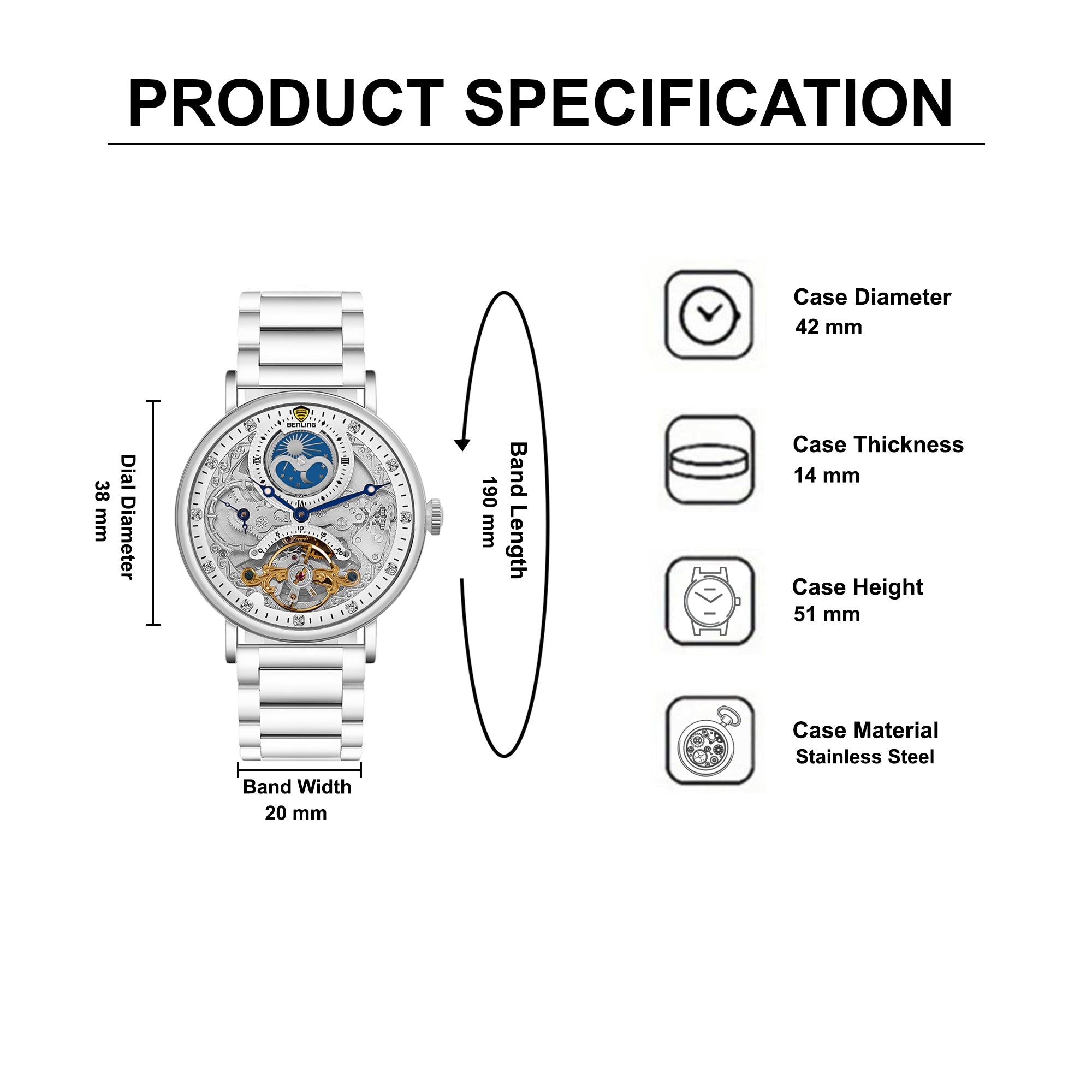 Benling Astroworld Tourbillon Automatic Watch for Men – Dual Time | Moonphase | Skeleton Dial | Stainless Steel Chain