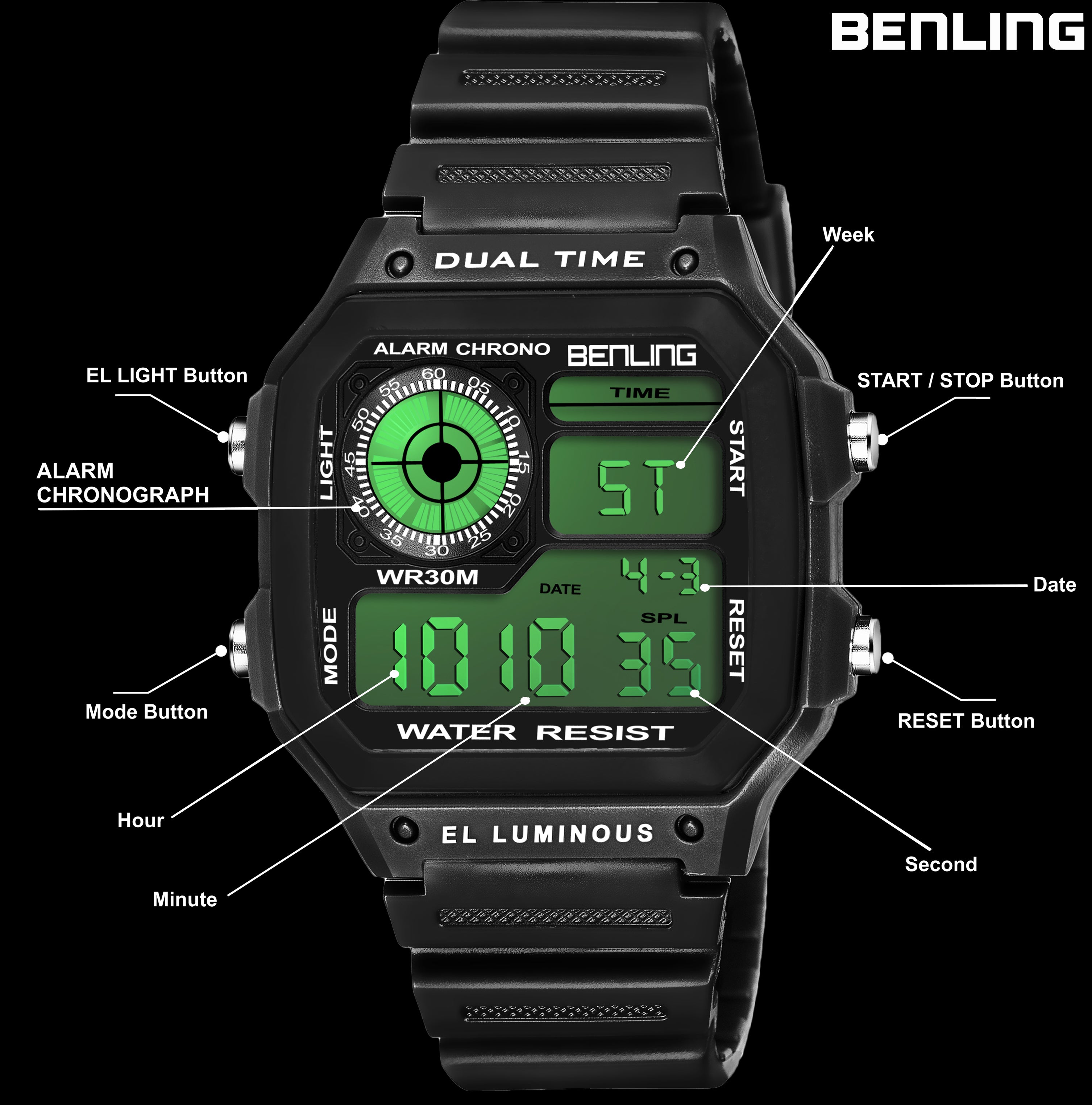 Benling Classic Era BL-1002 Digital Watch for Men - Multifunctional Watch