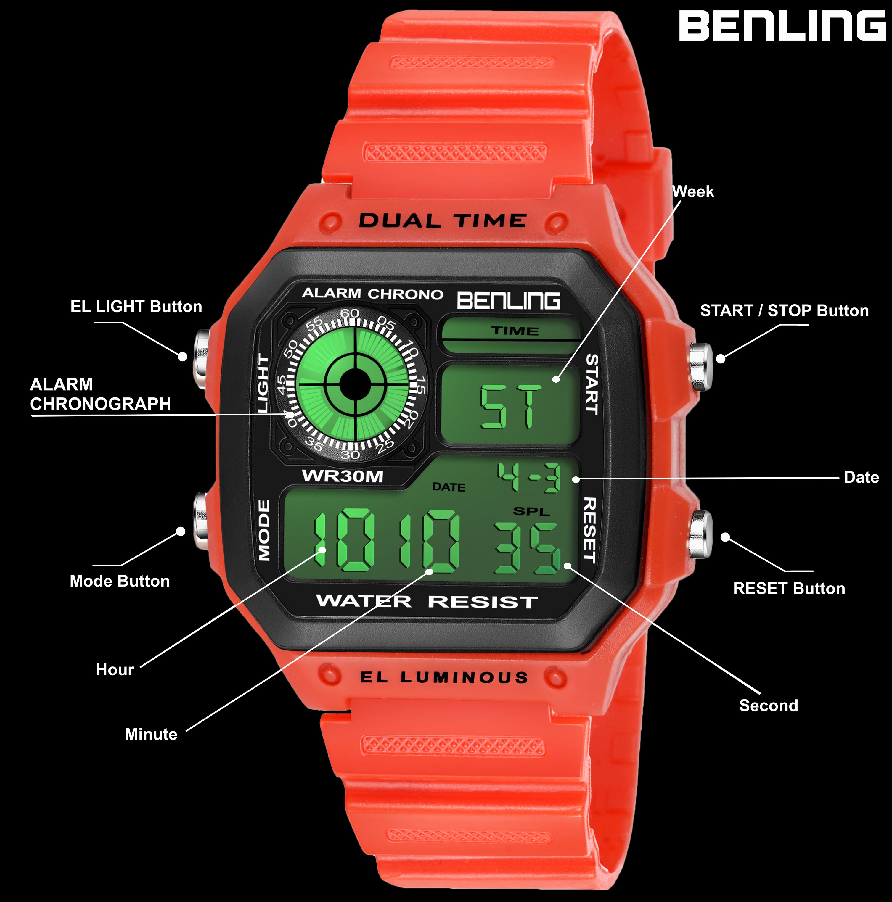 Benling Classic Era BL-1002 Digital Watch for Men - Multifunctional Watch