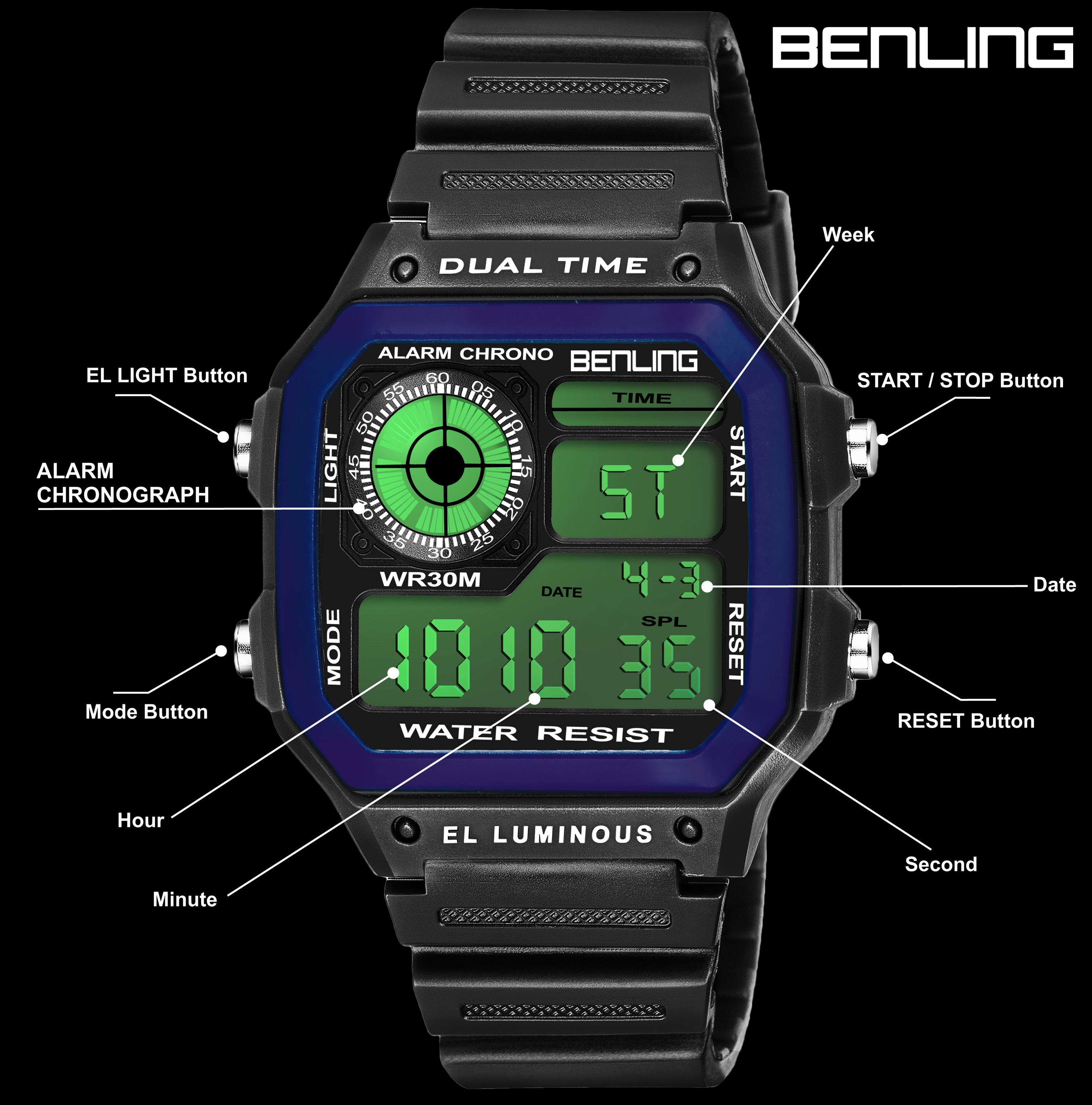 Benling Classic Era BL-1002 Digital Watch for Men - Multifunctional Watch