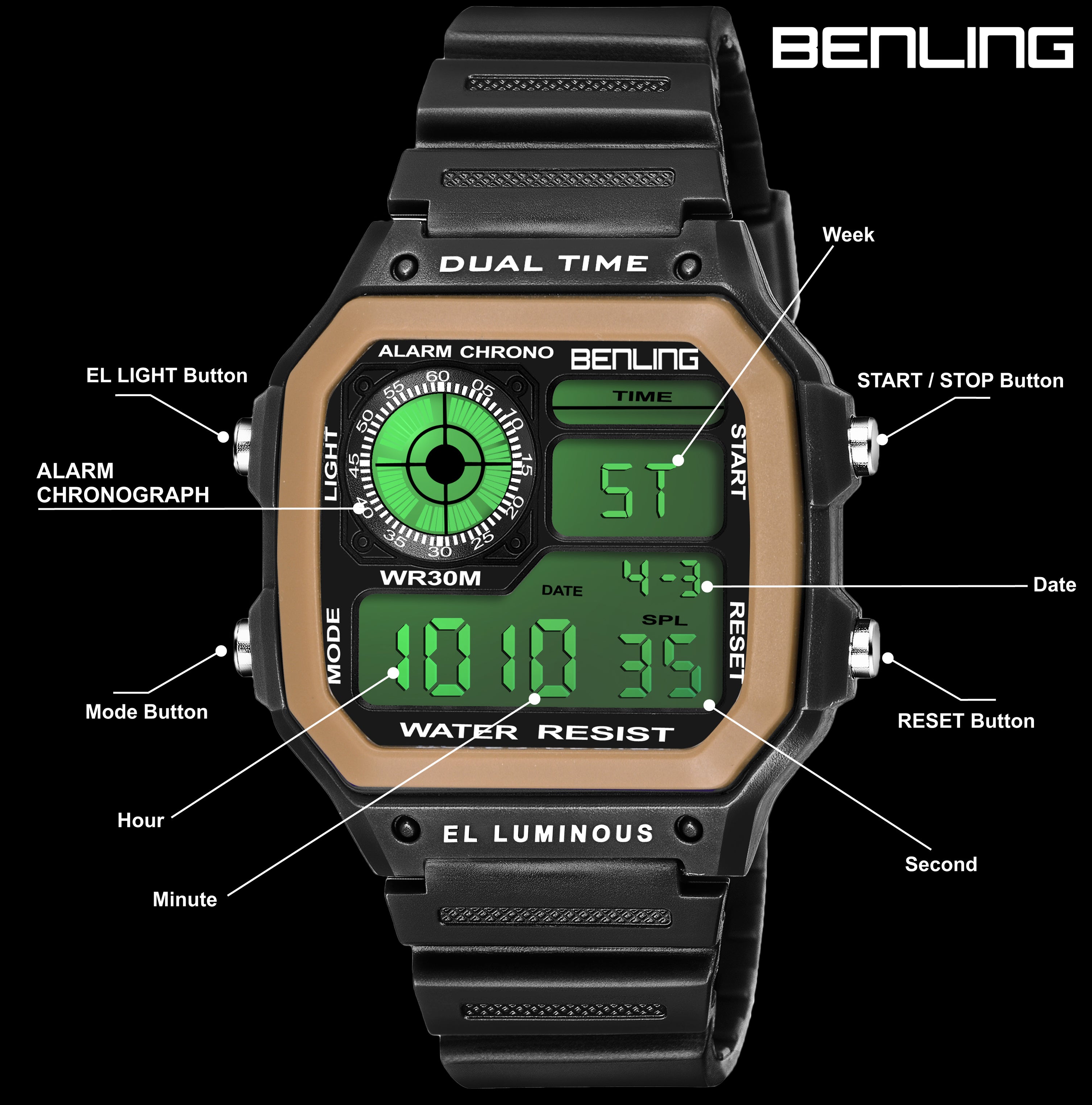 Benling Classic Era BL-1002 Digital Watch for Men - Multifunctional Watch