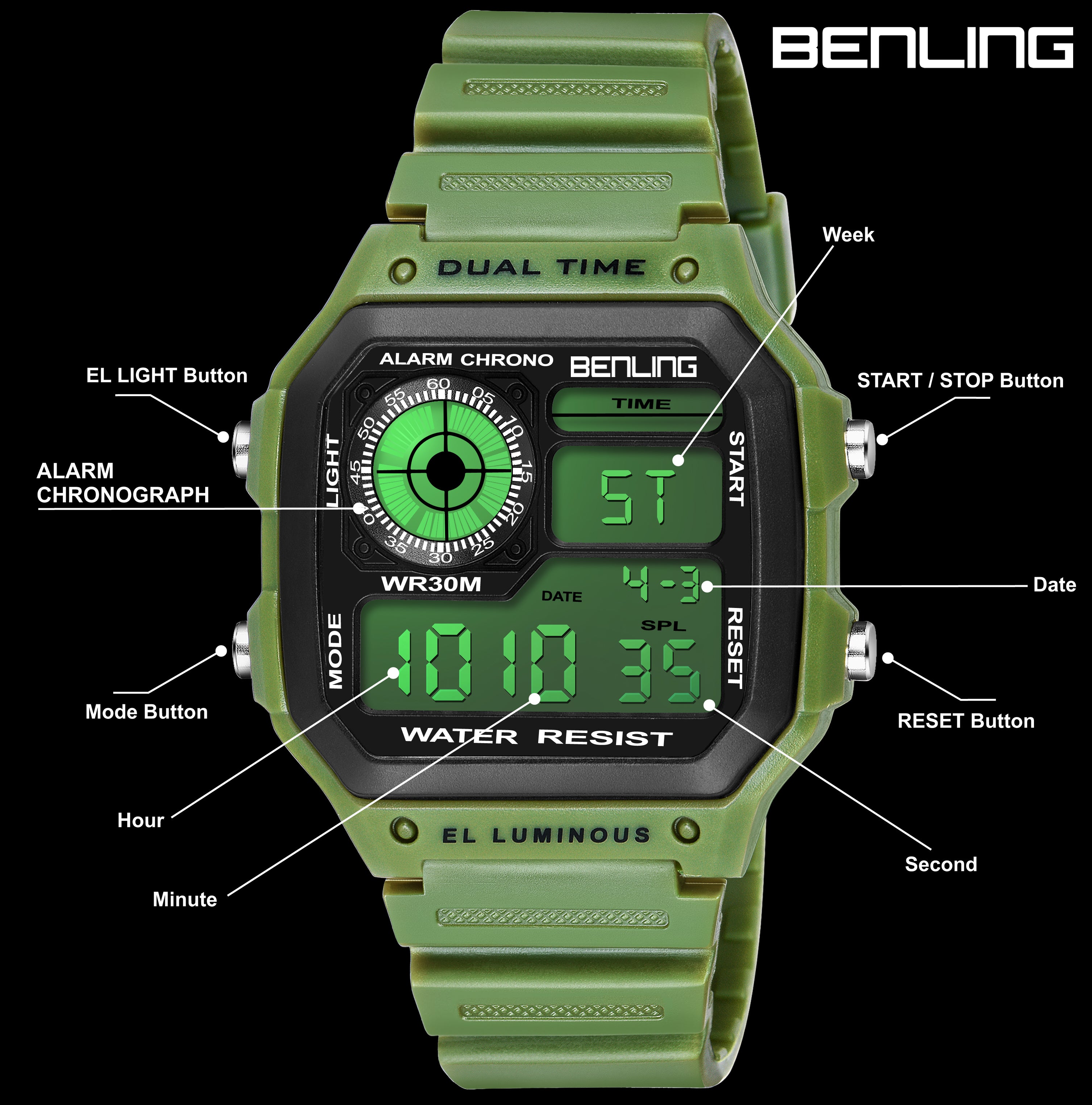 Benling Classic Era BL-1002 Digital Watch for Men - Multifunctional Watch