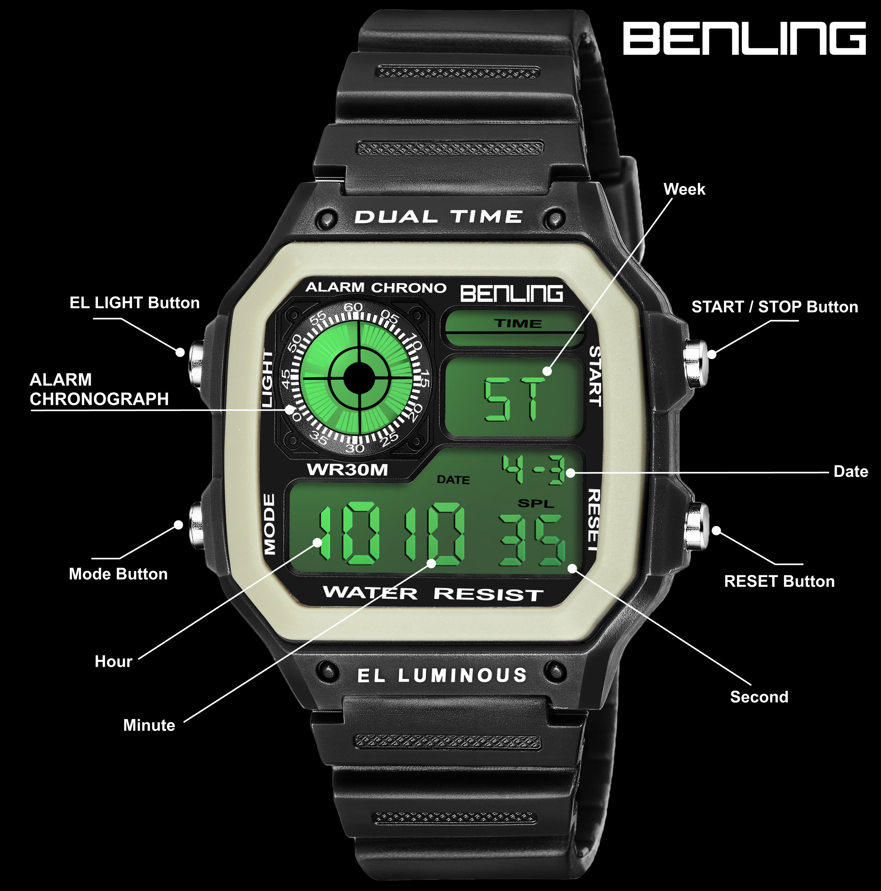 Benling Classic Era BL-1002 Digital Watch for Men - Multifunctional Watch