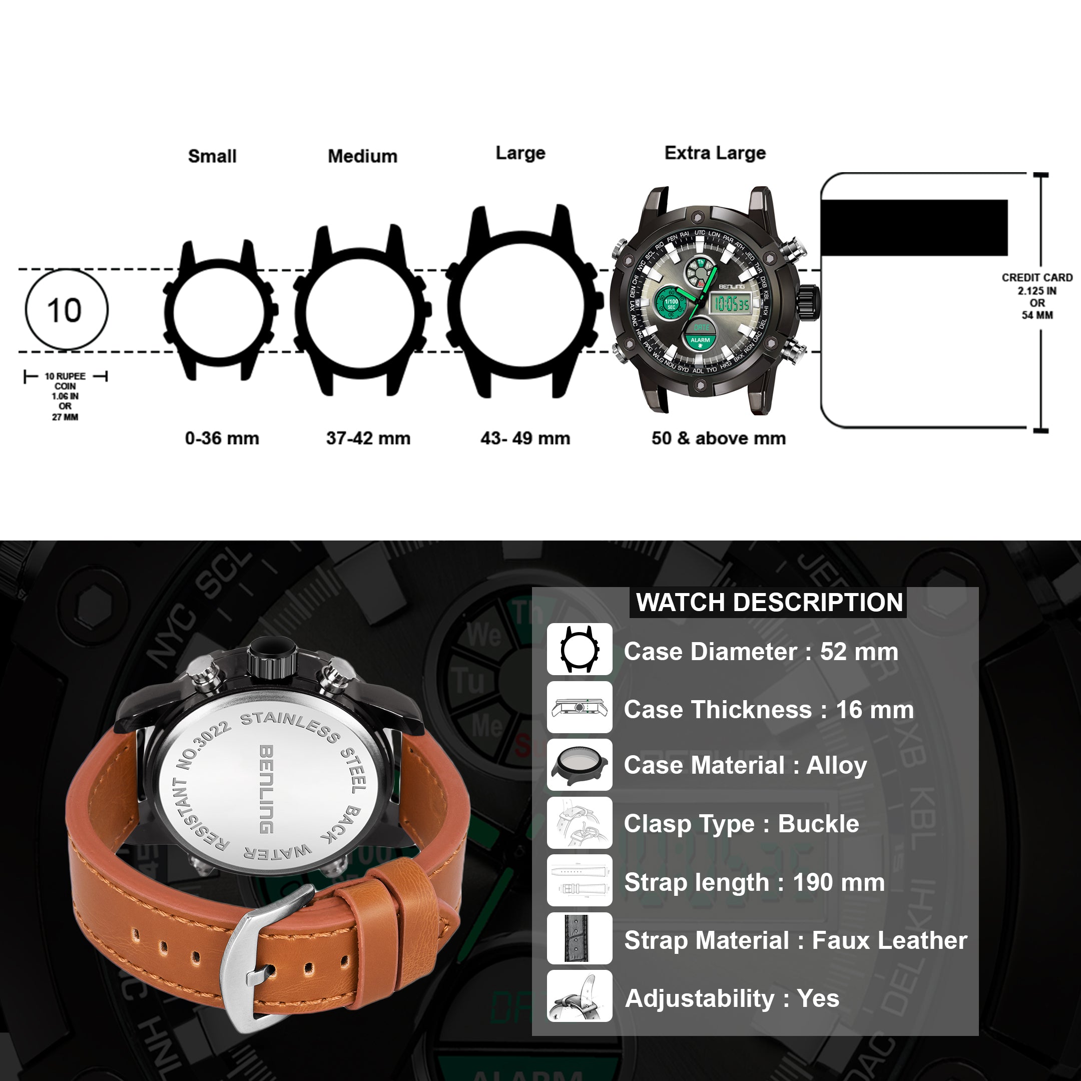 Benling Iconic Ana-Digital Watch for Men – Now with Stainless Steel Chain and Leatherette Strap | EL Backlight | Dual Time