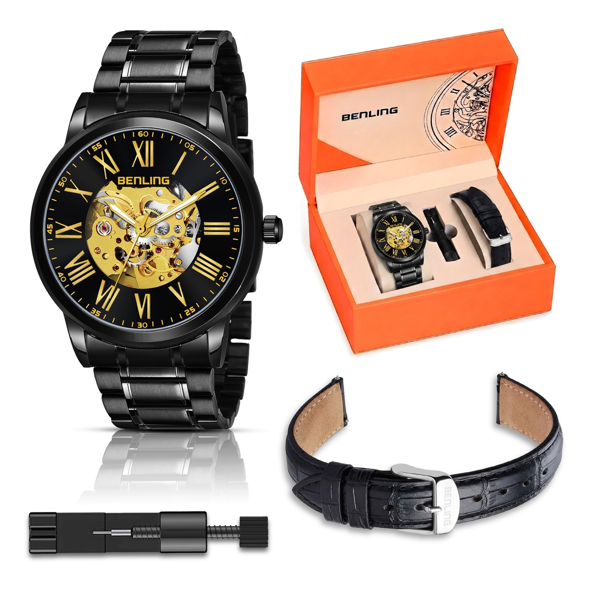 Benling Automatic Skeleton Mechanical Watch for Men | Self-Winding Movement | Leather & Stainless Steel Strap | Open Gear Dial | Luxury Casual & Formal Wear