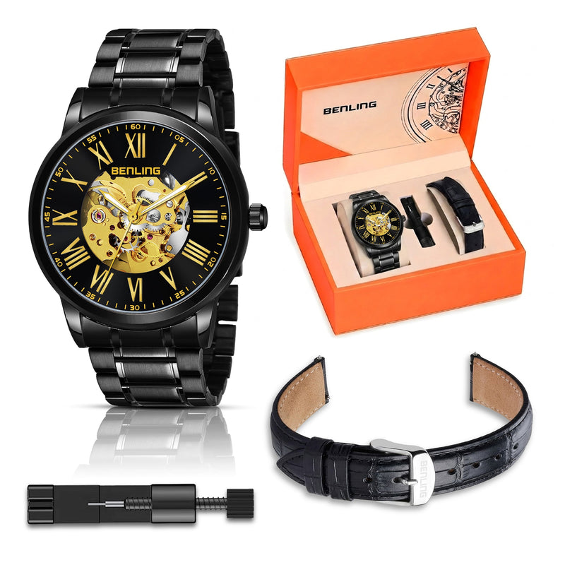 Benling Automatic Skeleton Mechanical Watch for Men | Self-Winding Movement | Leather & Stainless Steel Strap | Open Gear Dial | Luxury Casual & Formal Wear