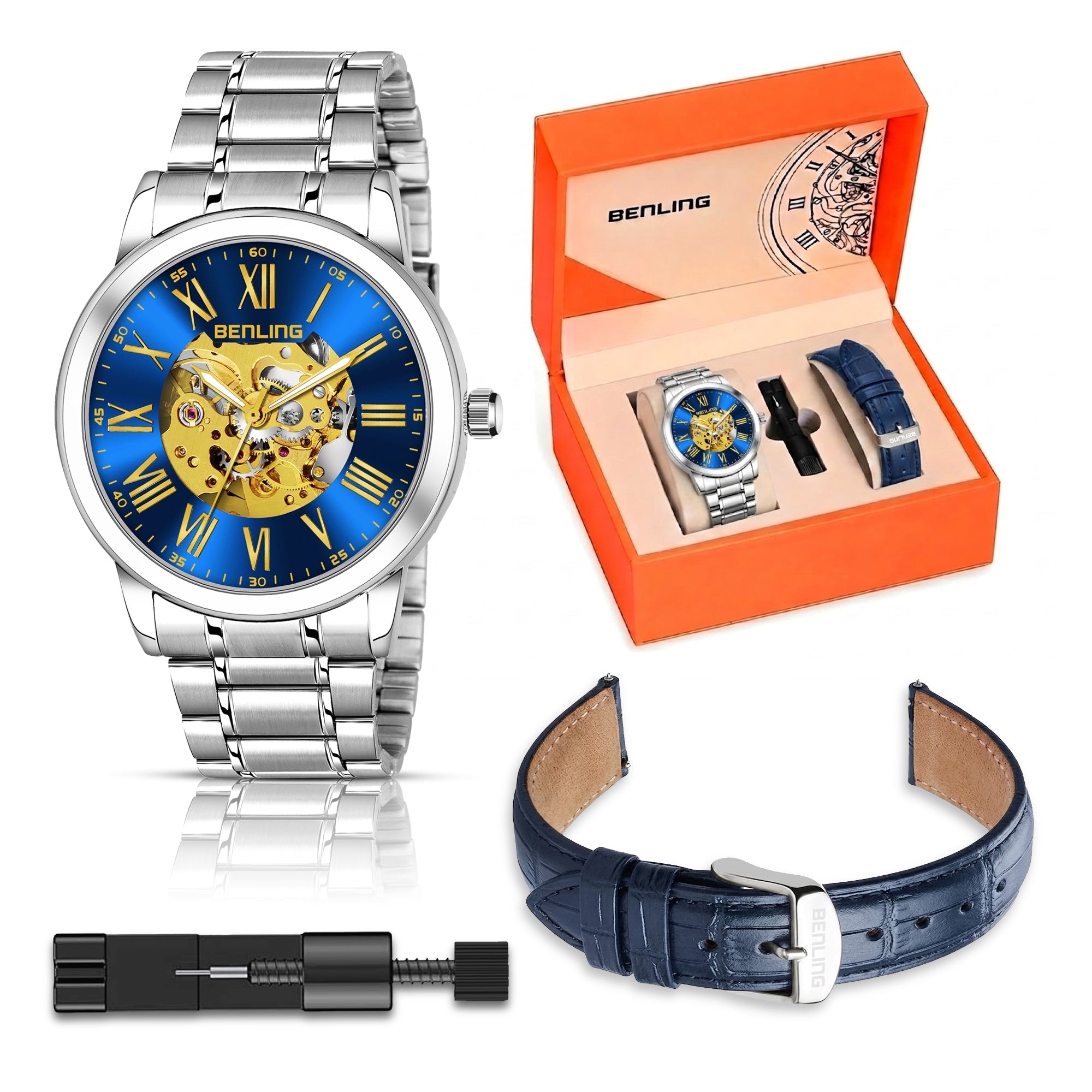 Benling Automatic Skeleton Mechanical Watch for Men | Self-Winding Movement | Leather & Stainless Steel Strap | Open Gear Dial | Luxury Casual & Formal Wear