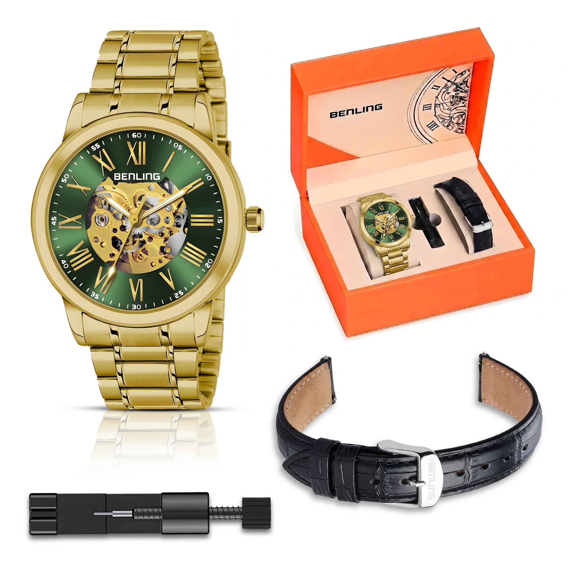 Benling Automatic Skeleton Mechanical Watch for Men | Self-Winding Movement | Leather & Stainless Steel Strap | Open Gear Dial | Luxury Casual & Formal Wear