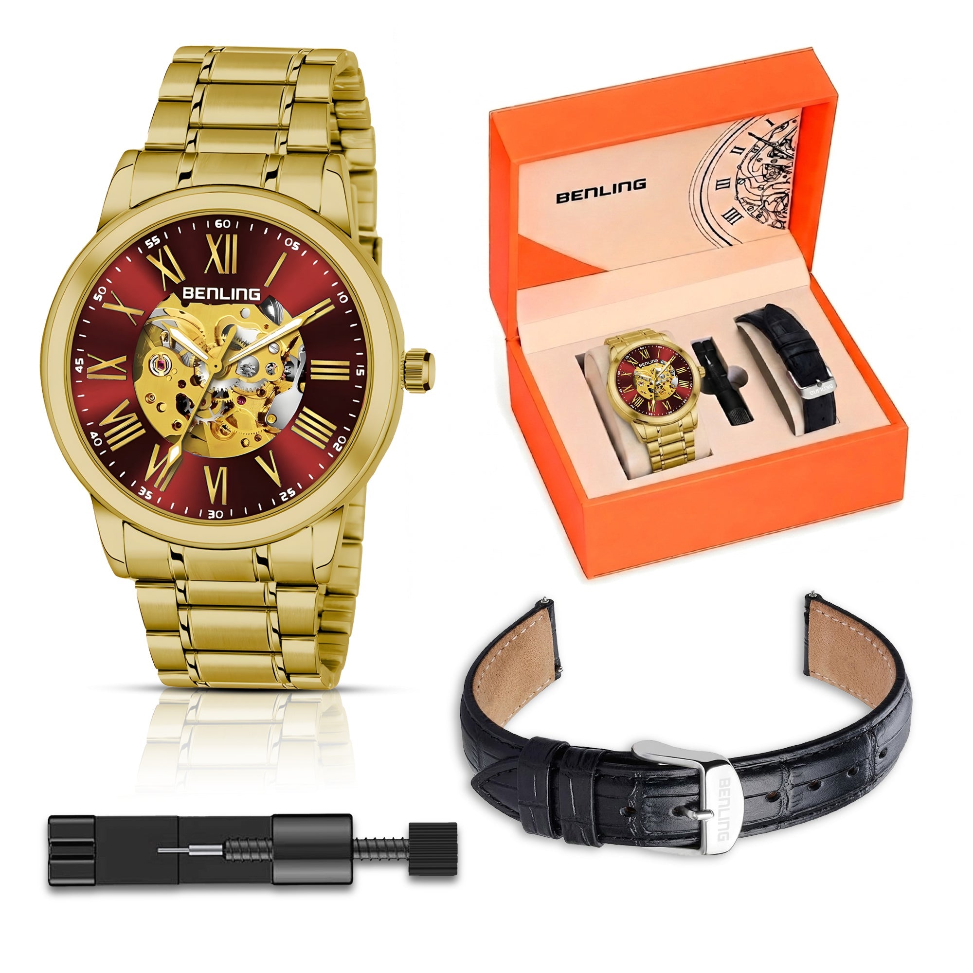 Benling Automatic Skeleton Mechanical Watch for Men | Self-Winding Movement | Leather & Stainless Steel Strap | Open Gear Dial | Luxury Casual & Formal Wear