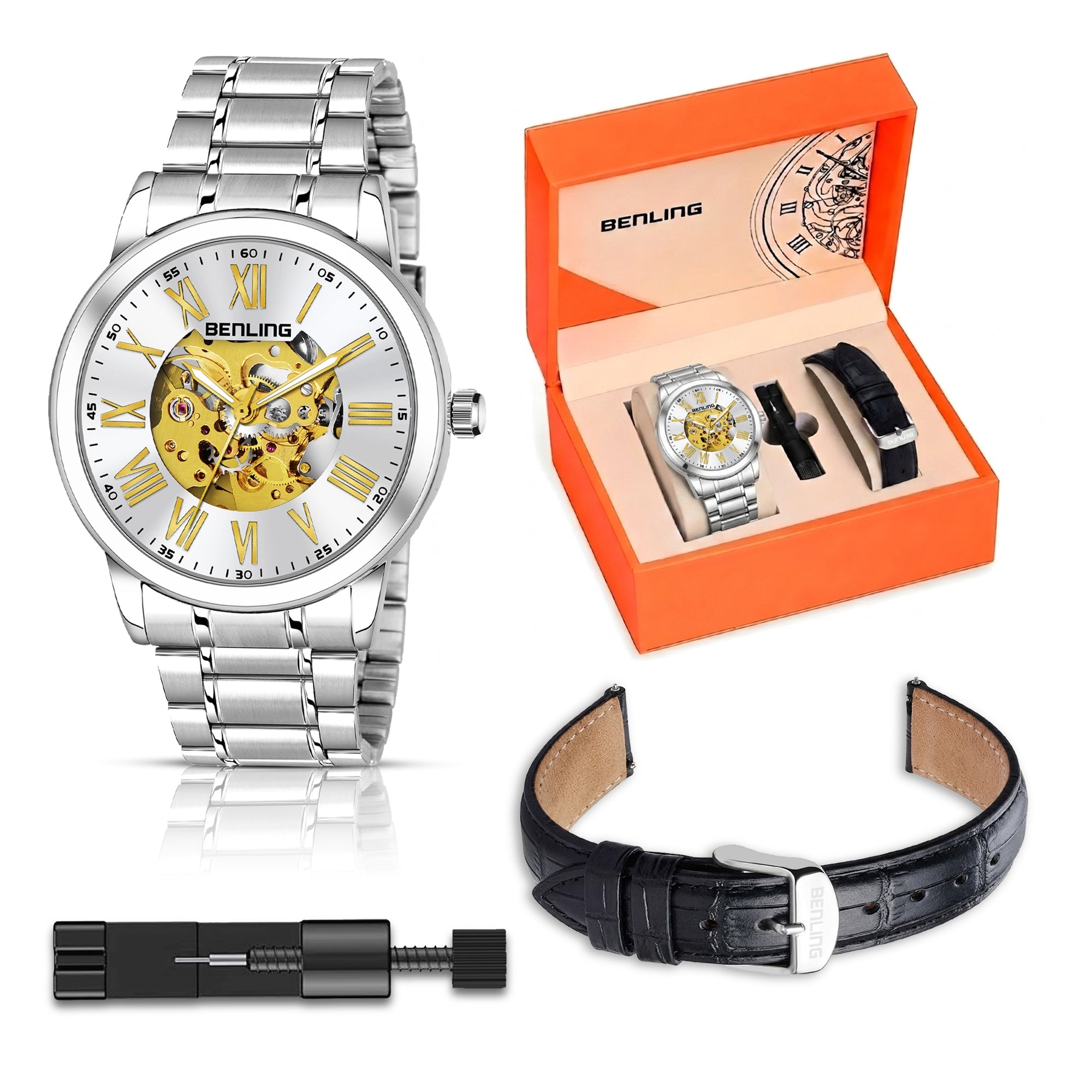 Benling Automatic Skeleton Mechanical Watch for Men | Self-Winding Movement | Leather & Stainless Steel Strap | Open Gear Dial | Luxury Casual & Formal Wear