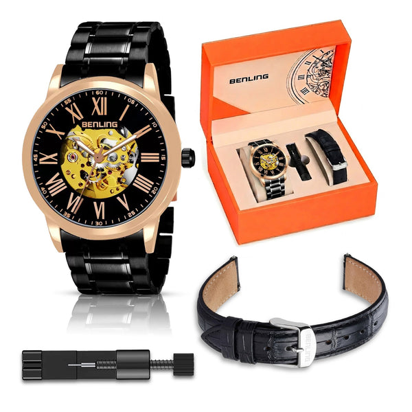 Benling Automatic Skeleton Mechanical Watch for Men | Self-Winding Movement | Leather & Stainless Steel Strap | Open Gear Dial | Luxury Casual & Formal Wear