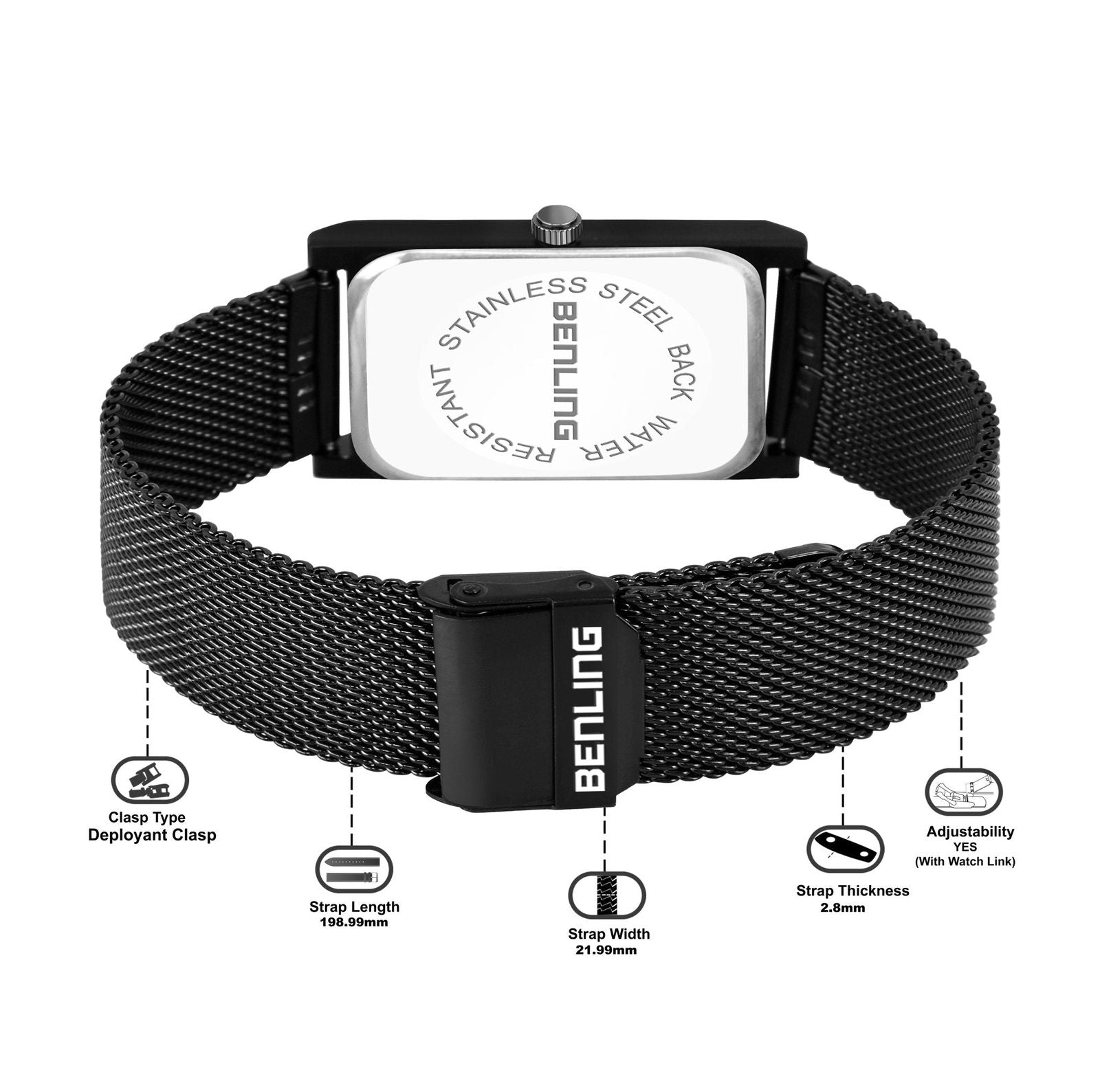 BL-1039-WYT-BLK Basics Analog Watch Ion Plated Stainless Steel Chain