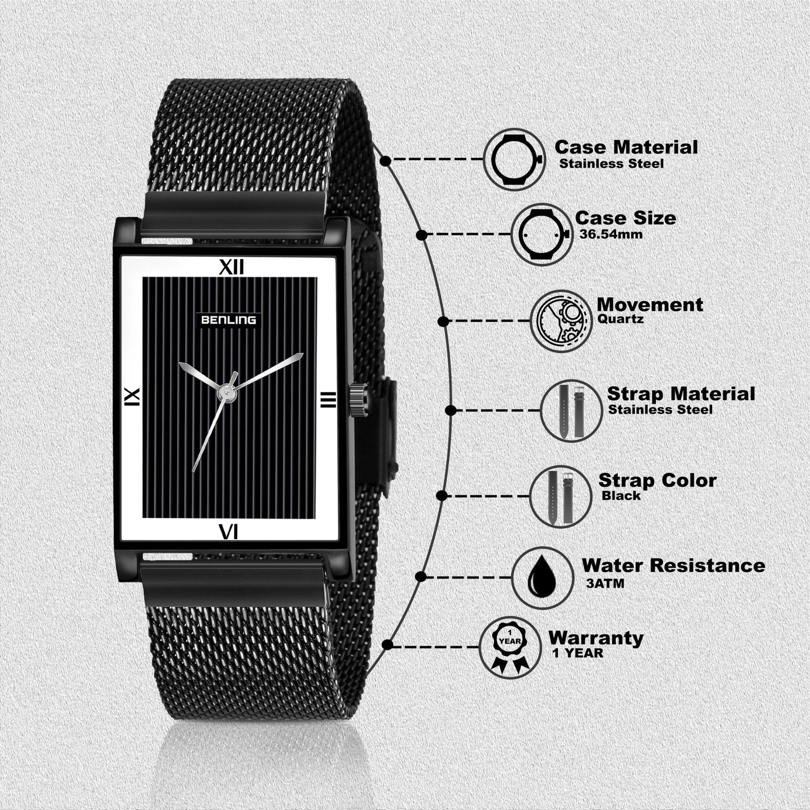 BL-1039-WYT-BLK Basics Analog Watch Ion Plated Stainless Steel Chain