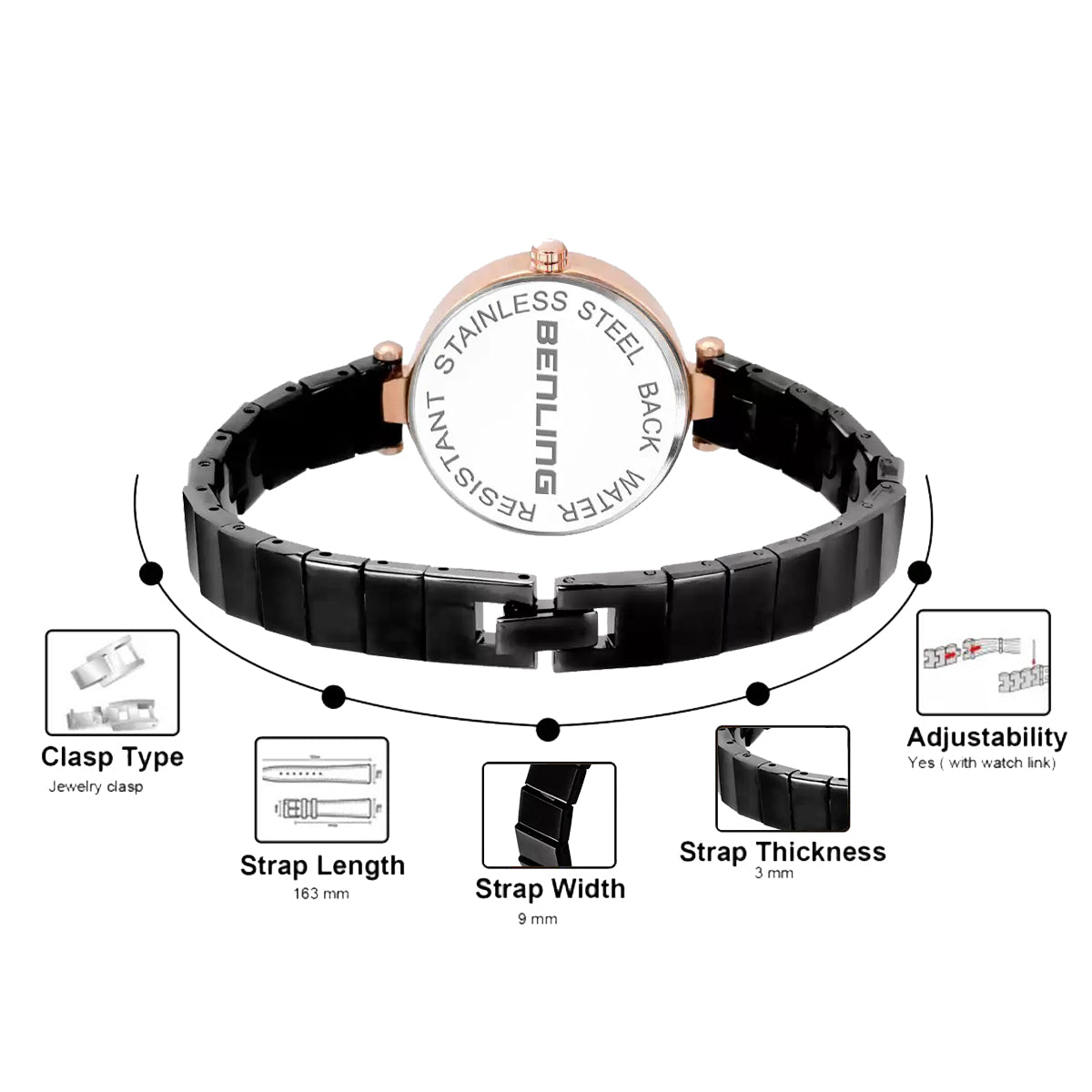 BL-1040-BLK Basic Analog Watch for Women with Stainless Steel