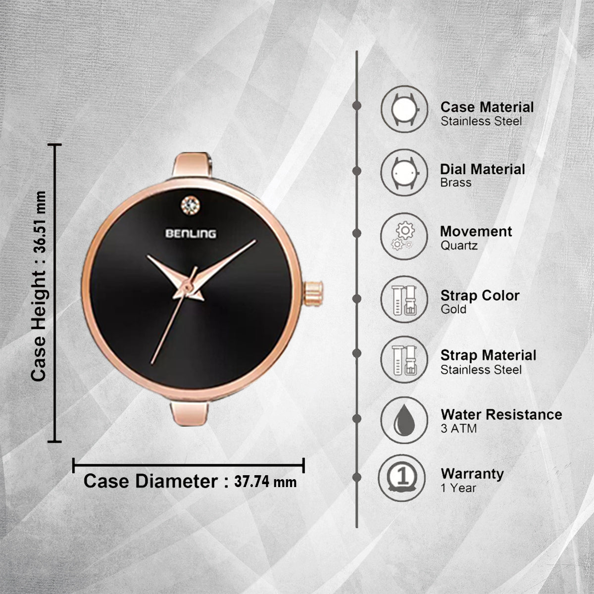 BL-1040-BLK Basic Analog Watch for Women with Stainless Steel