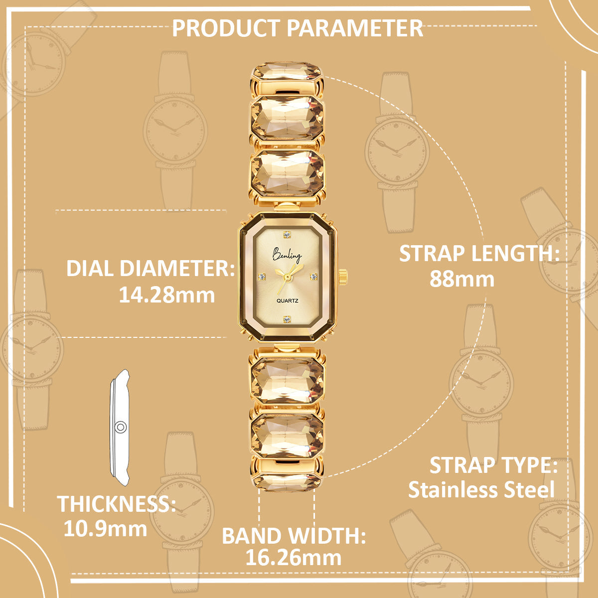 Benling Gift Set – Octagon Cut Bracelet Watch with Orange Pearl Box & Bracelet