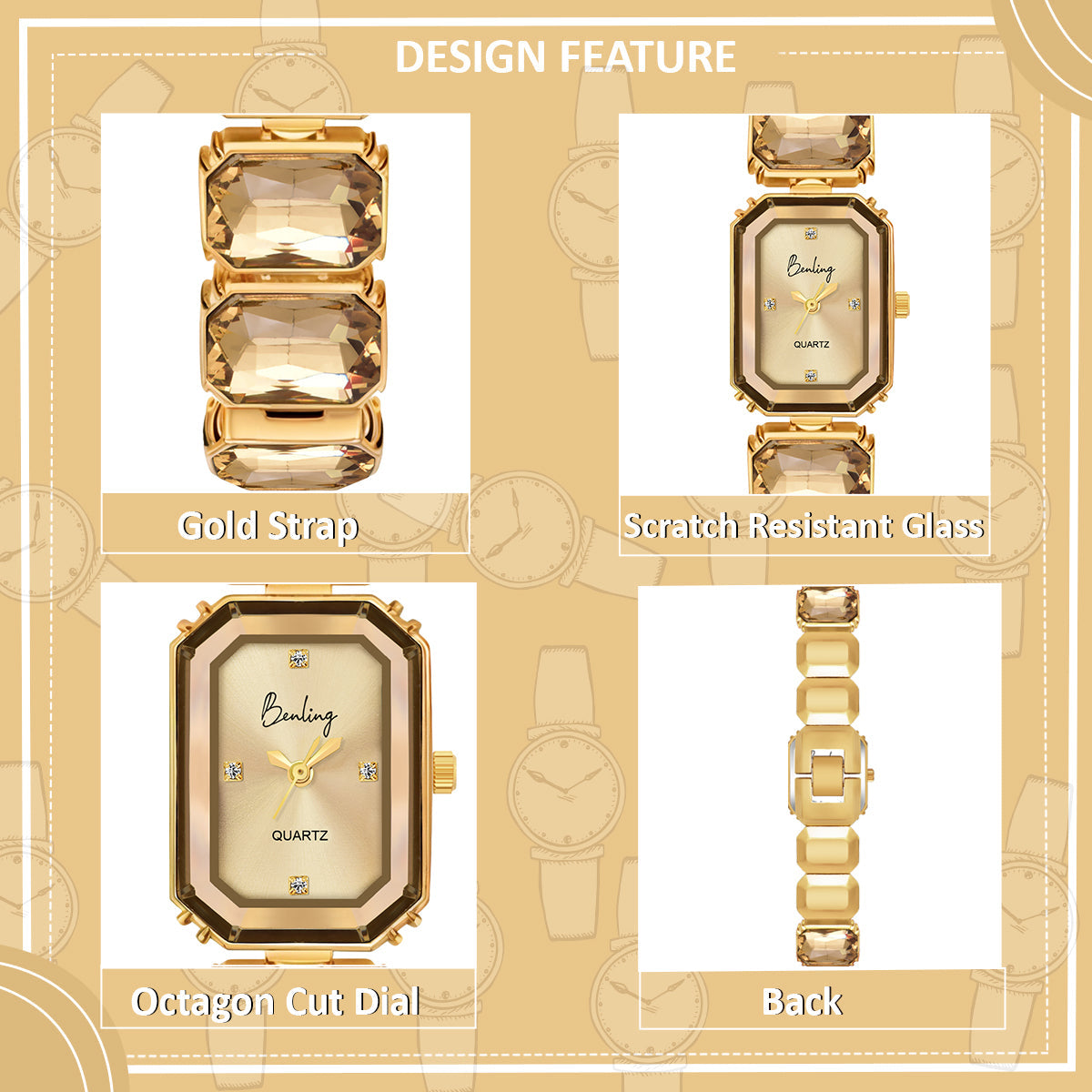 Benling Gift Set – Octagon Cut Bracelet Watch with Orange Pearl Box & Bracelet