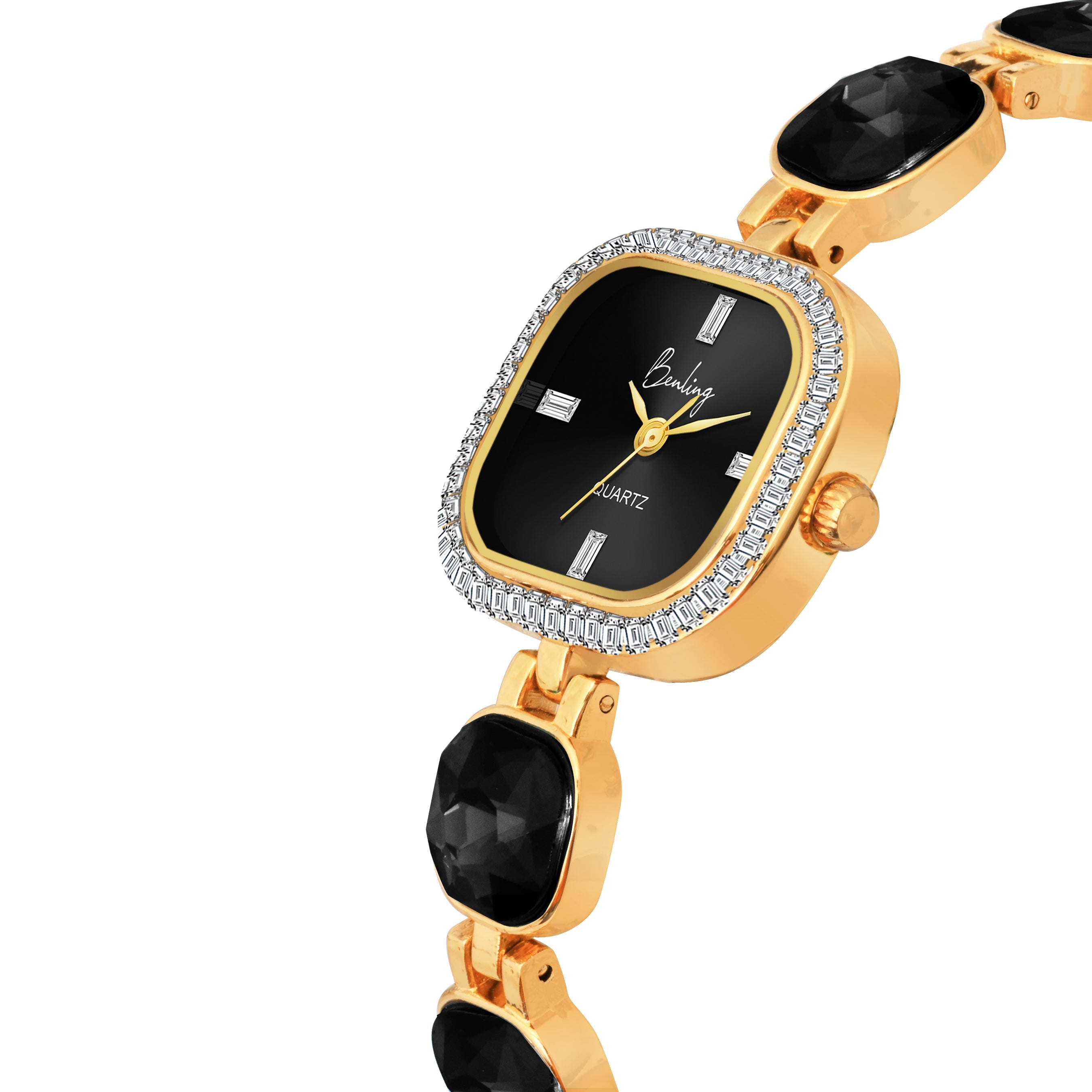 Benling Women's Quartz Watch with Gold Bracelet and Crystal Accents - Gift Set with Pearl Box and Bracelet
